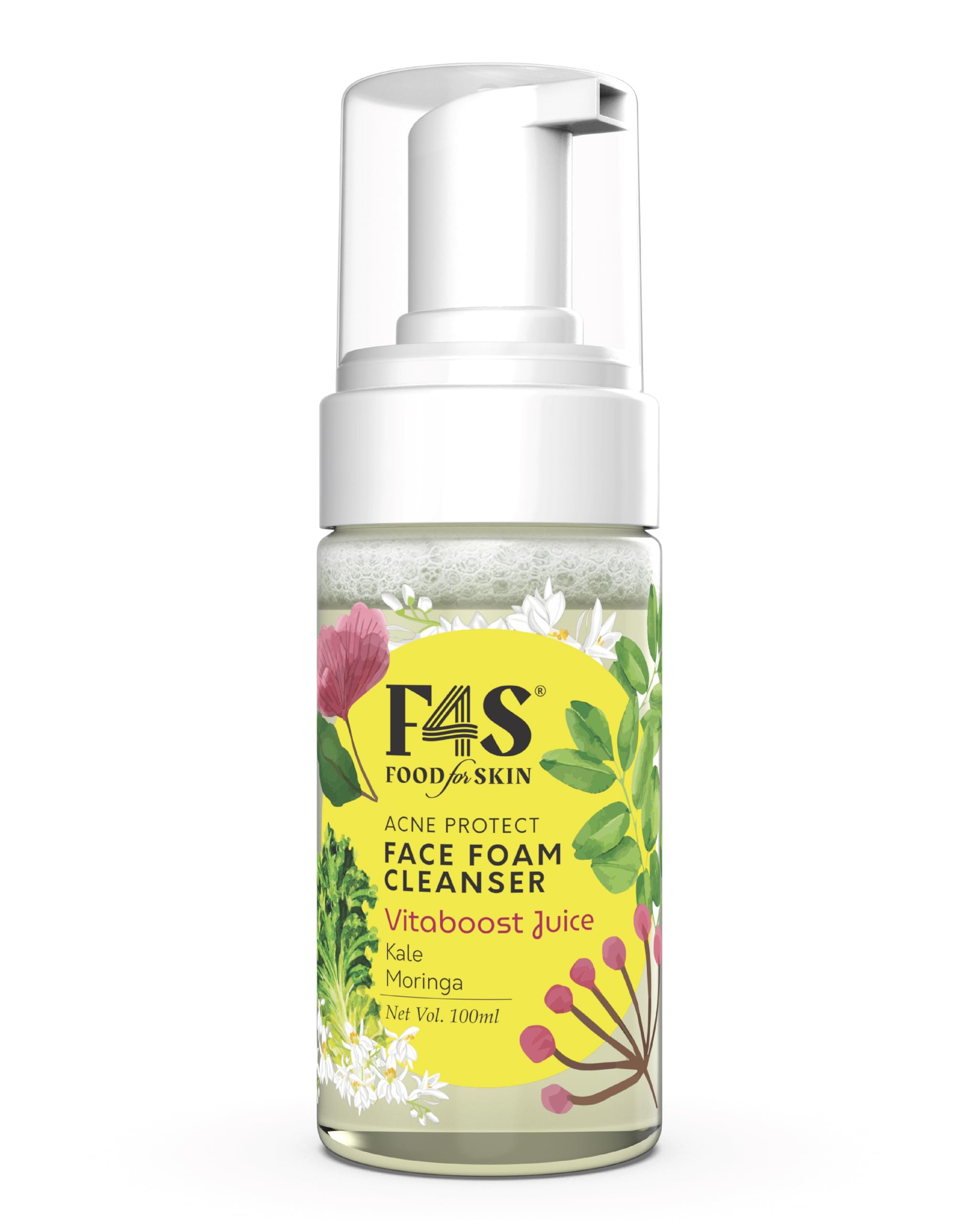 F4S Food for Skin Acne-Protect Face Foam Cleanser |Rich in Superfoods Kale & Moringa |Vitamins C& Anti-oxidants |Protect from Breakouts, Itchiness| Pollution free Deep Cleaning |All Skin Types I100 ml