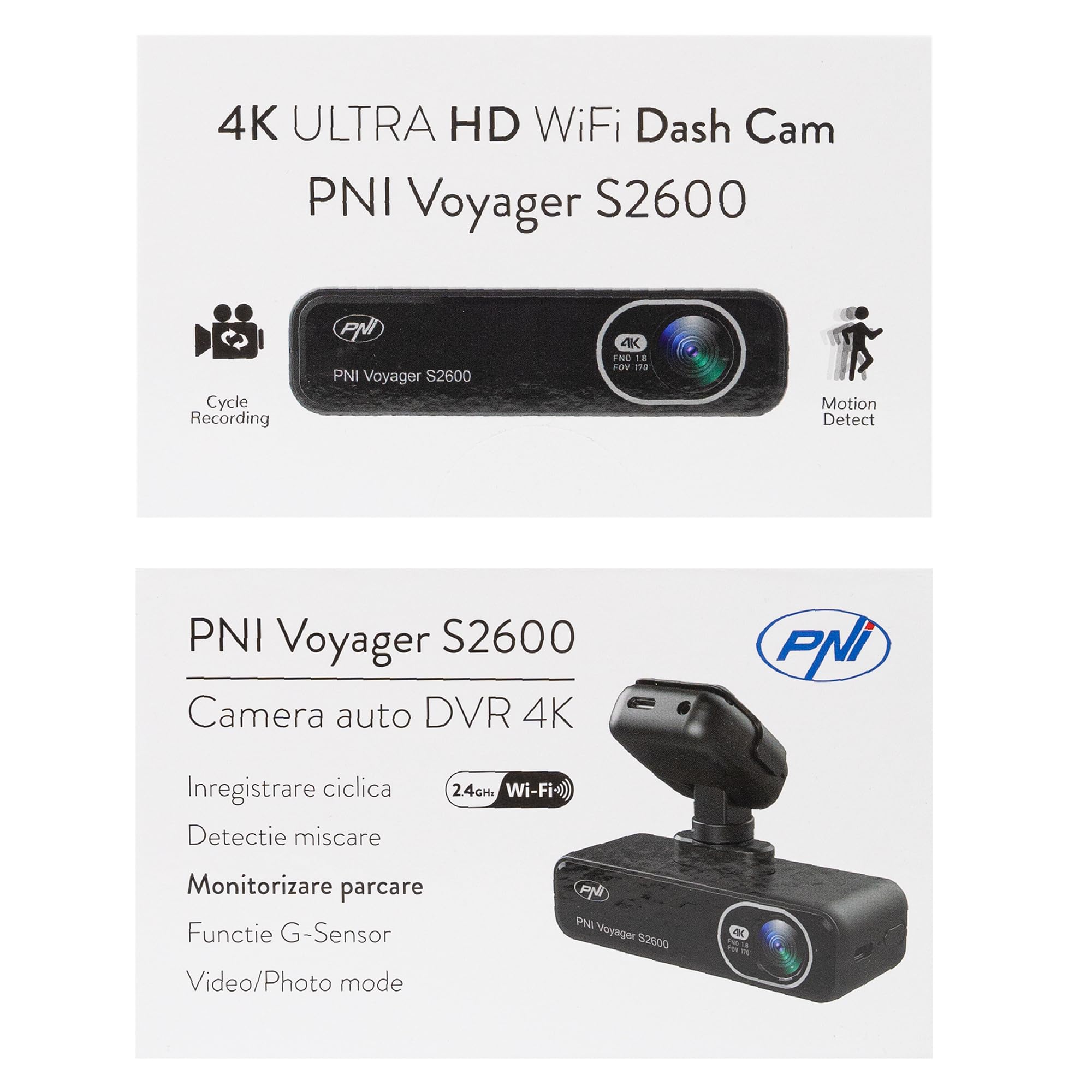 Zestaw 2 kamer samochodowych DVR PNI Voyager S2600 WiFi, 4K Ultra HD, GPS, bez wyświetlacza, funkcja monitorowania parkowania, czujnik G, nagrywanie wideo i audio, zasilanie 12 V/24 V