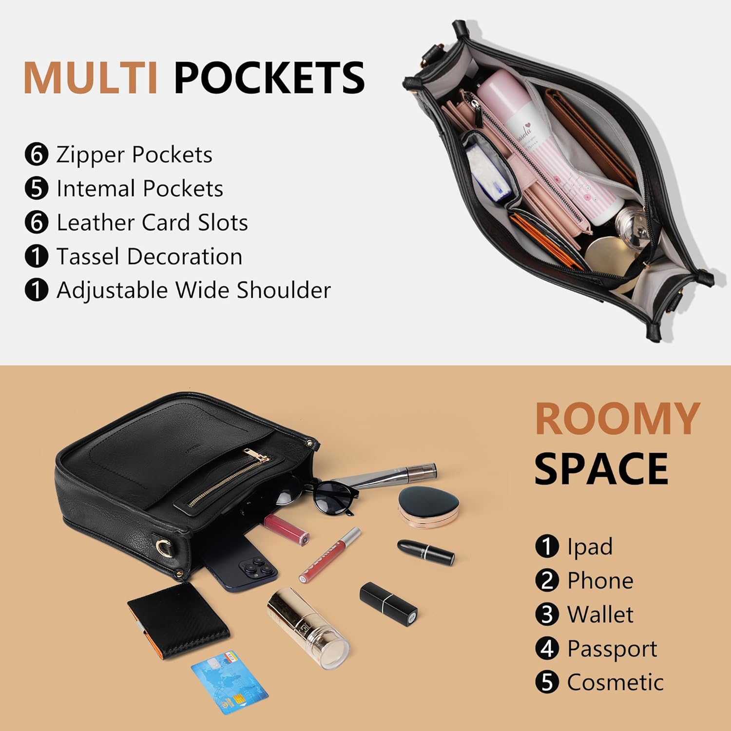 TANTOMI Vegan Leather Crossbody Bags for Women Hobo Travel Purse Multi-Pocket Trendy Handbags & Womens Crossbody Bag - Image 6