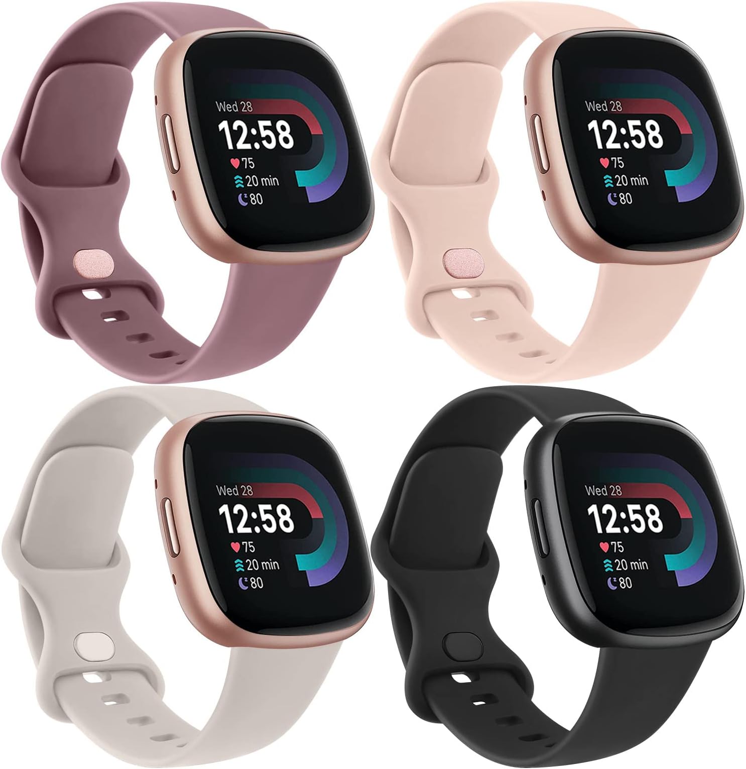 AK 4 Pack Straps Compatible With Fitbit Versa 3/4, Sense/Sense 2 - Soft Sport Watch Replacement Strap for Women Men, Small Large