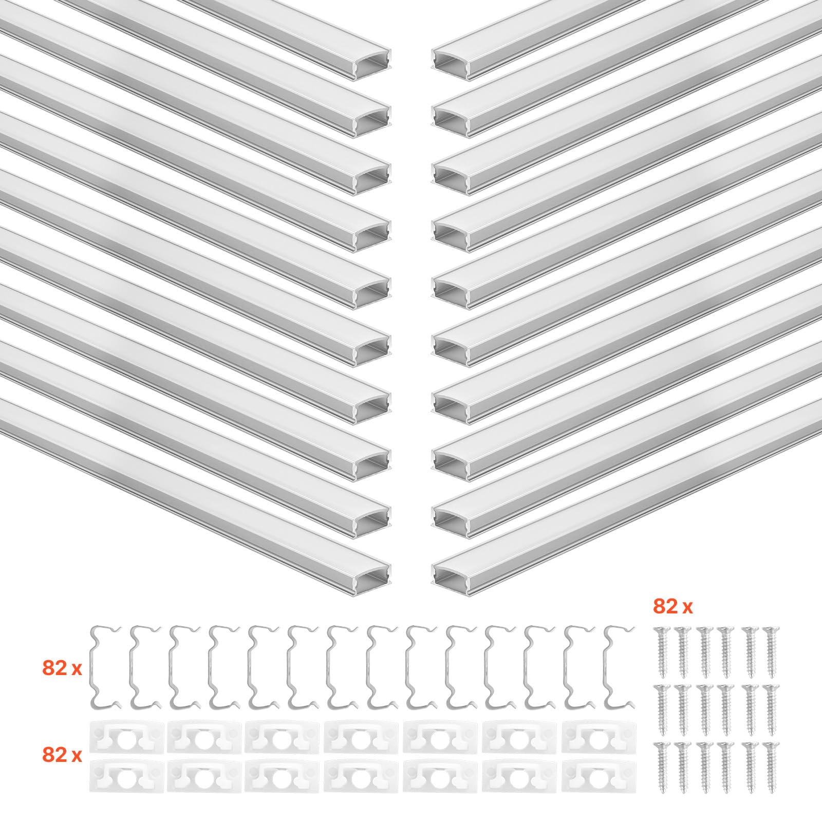 VEVOR Profilé Aluminium LED en U 2 m Lot de 20 Canal LED pour Ruban Lumineux Éclairage sous Meuble Cuisine, avec Diffuseur en PC Blanc Laiteux, Clips de Fixation et Embouts, Aluminium Anodisé Argent