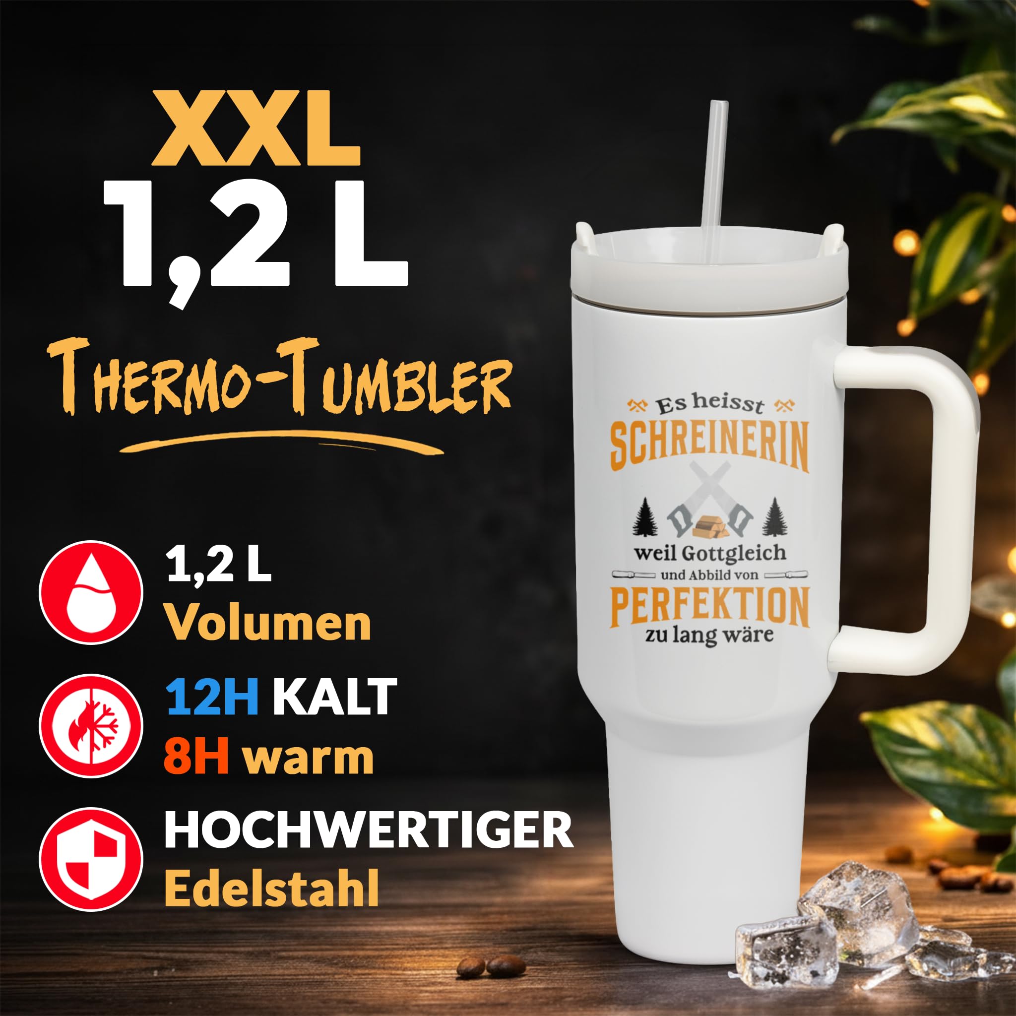 XXL Thermobecher für Schreinerinnen – Geschenk zum Geburtstag & Abschied – Edelstahl Trinkflasche, Weiß mit Schreinerin Spruch (WIEDERVERWENDBAR)
