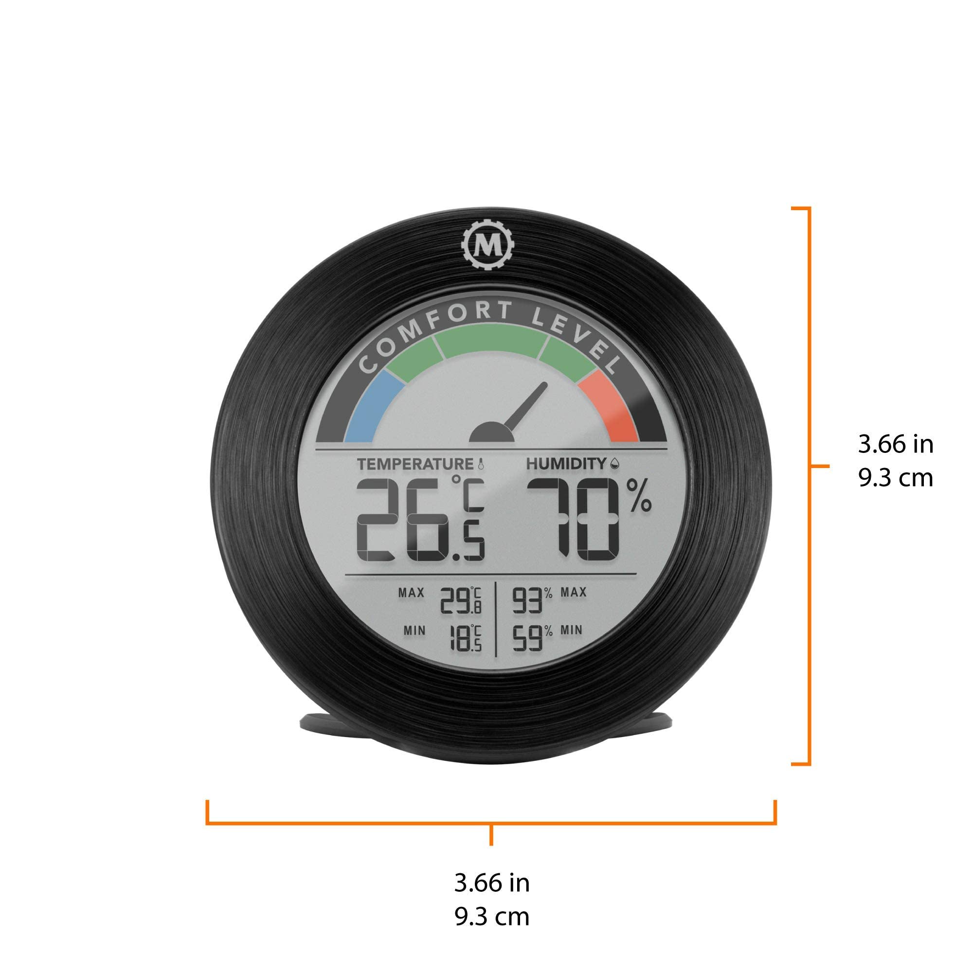 Marathon Austin - Termómetro e higrómetro inalámbrico para interiores, lee la temperatura interior y la humedad, indicador de comodidad, graba el día mín.-máximo formato compacto