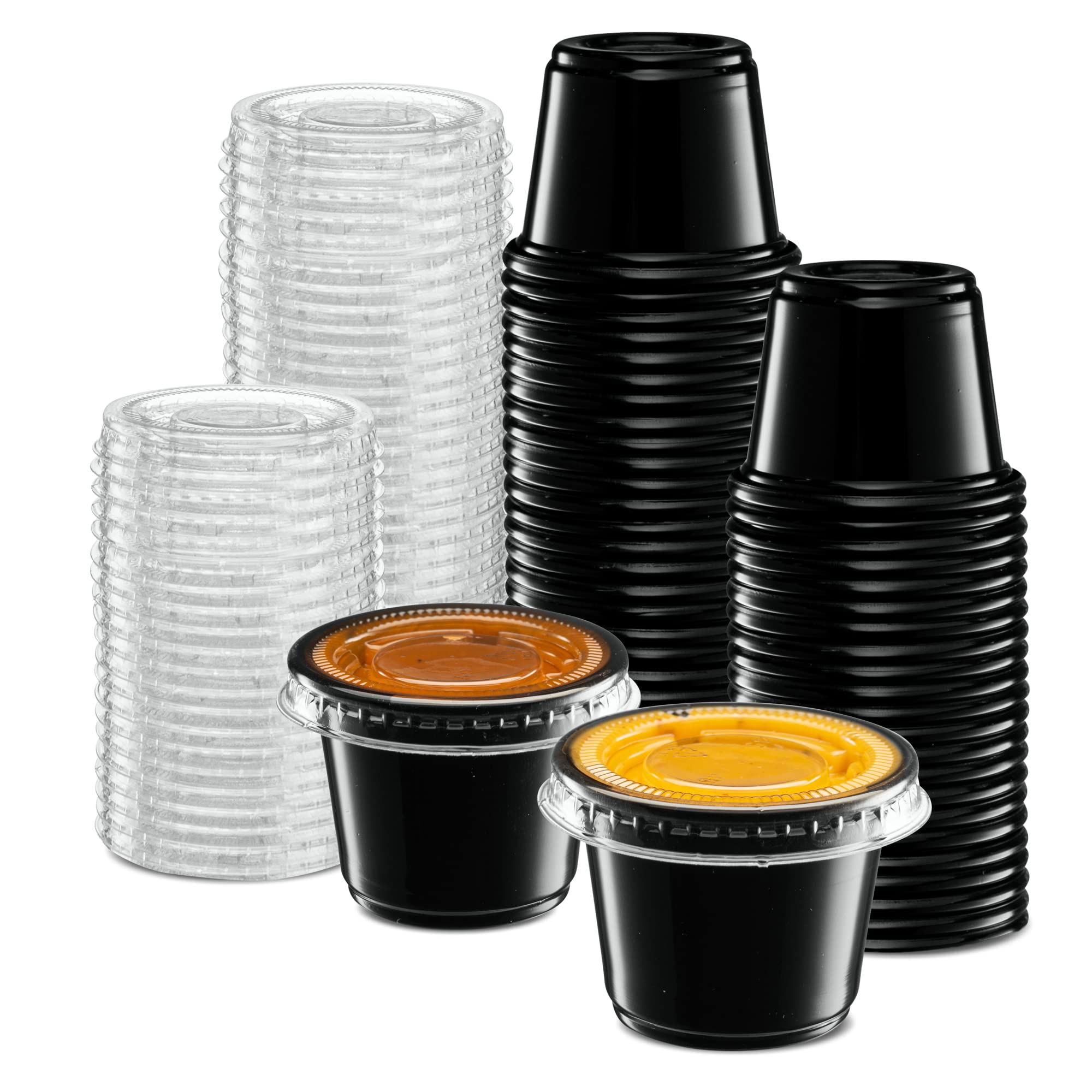 {1 oz - 100 Sets} Black Diposable Plastic Portion Cups With Lids, Small Mini Containers For Portion Controll, Jello Shots, Meal Prep, Sauce Cups, Slime, Condiments, Medicine, Dressings, Crafts, Disposable Souffle Cups &amp; Much more