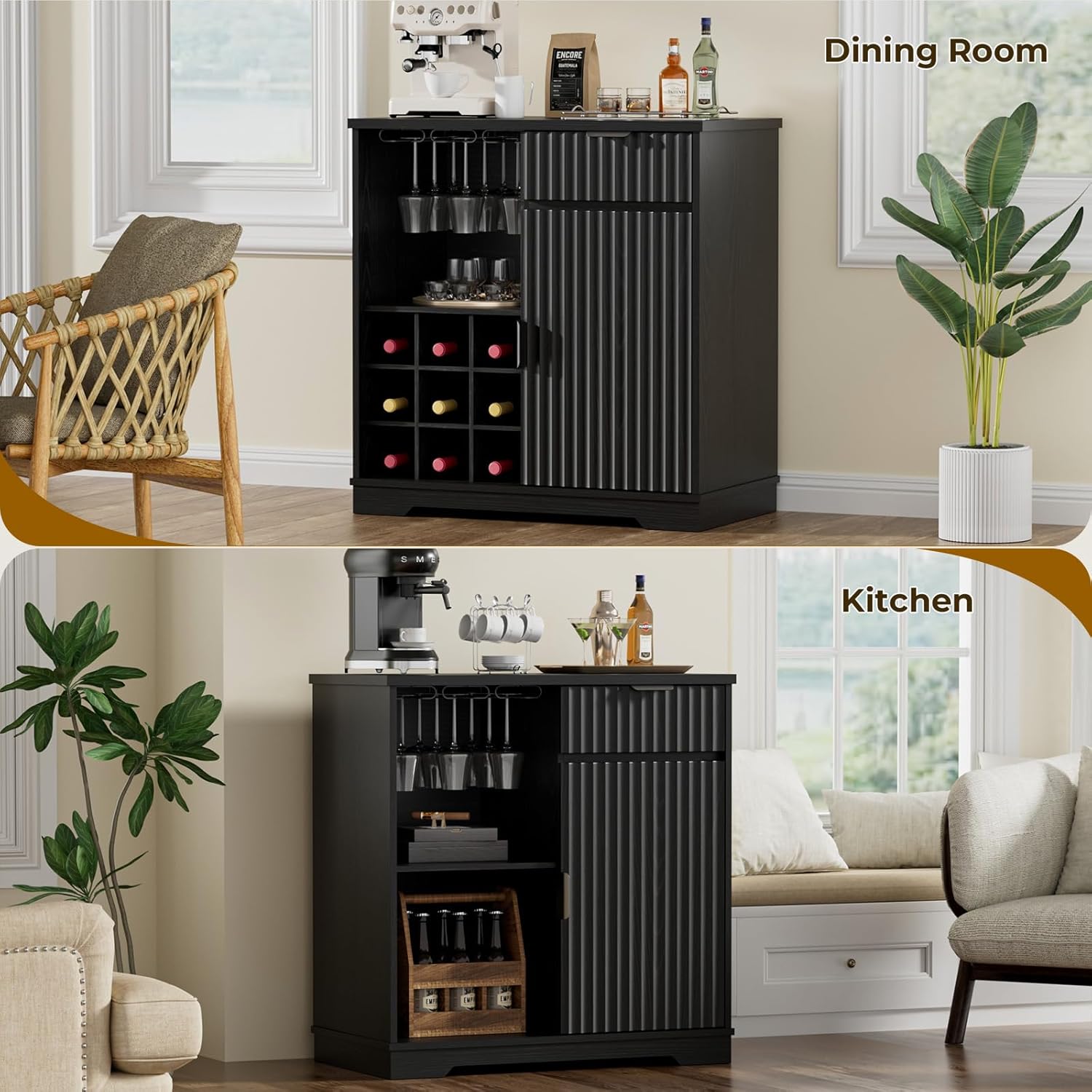 Fluted Coffee Bar Cabinet, Modern Liquor Cabinet with Glass Holder & Wine Rack, Wine Bar Cabinets with Storage, Buffet Sideboard for Living Room, Kitchen, Dining Room, Black