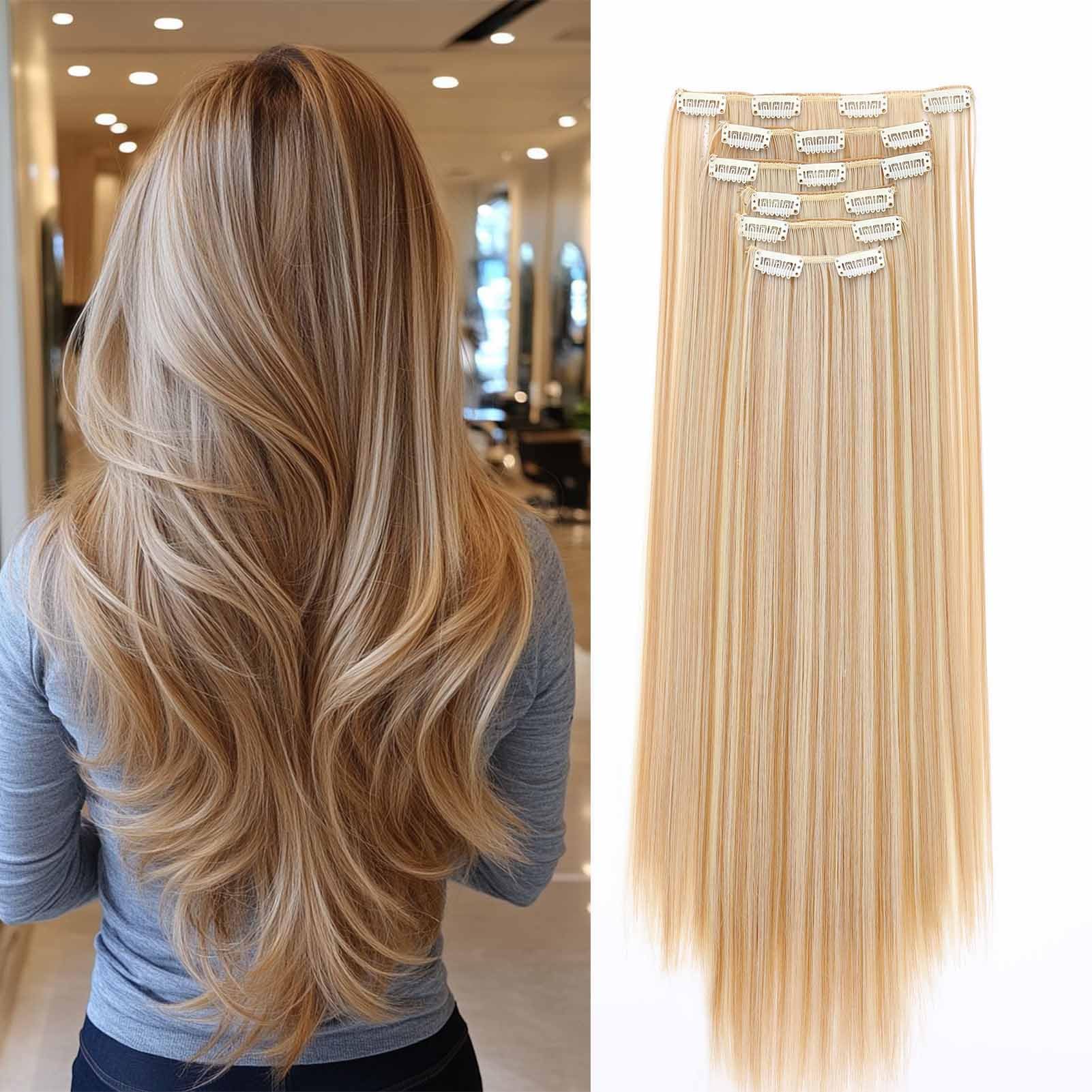 Gairyan Extension Clip Capelli Lisci 6pcs Extension Capelli Finti Clip Posticci per Capelli Naturali Sintetici Clip in Hair Extension Morbido Parrucchino Lungo Dritto Full Head, Biondo Miele & Biondo