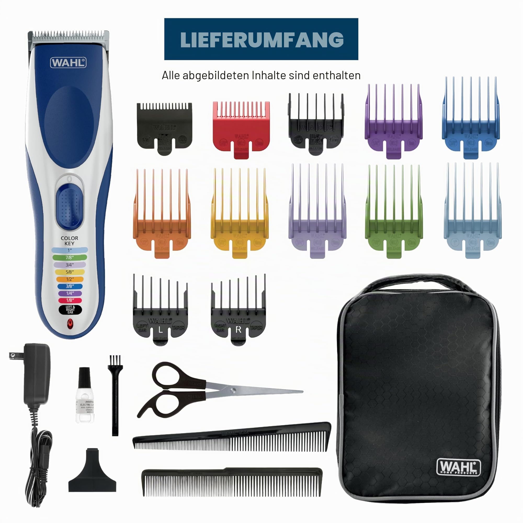 Wahl Clipper Color Pro Haarschneidemaschine, kabellos, wiederaufladbar, 20-teiliges Set zum Haarschneiden, bunte Kämme für Männer und Kinder