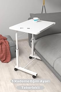 Depolife Eğim Yükseklik Ayarlı Laptop Sehpası Kahvaltı Ders Çalışma Bilgisayar Masası Metal Ayak Tekerlekli, tekerlekli-eğimli-beyaz-beyaz