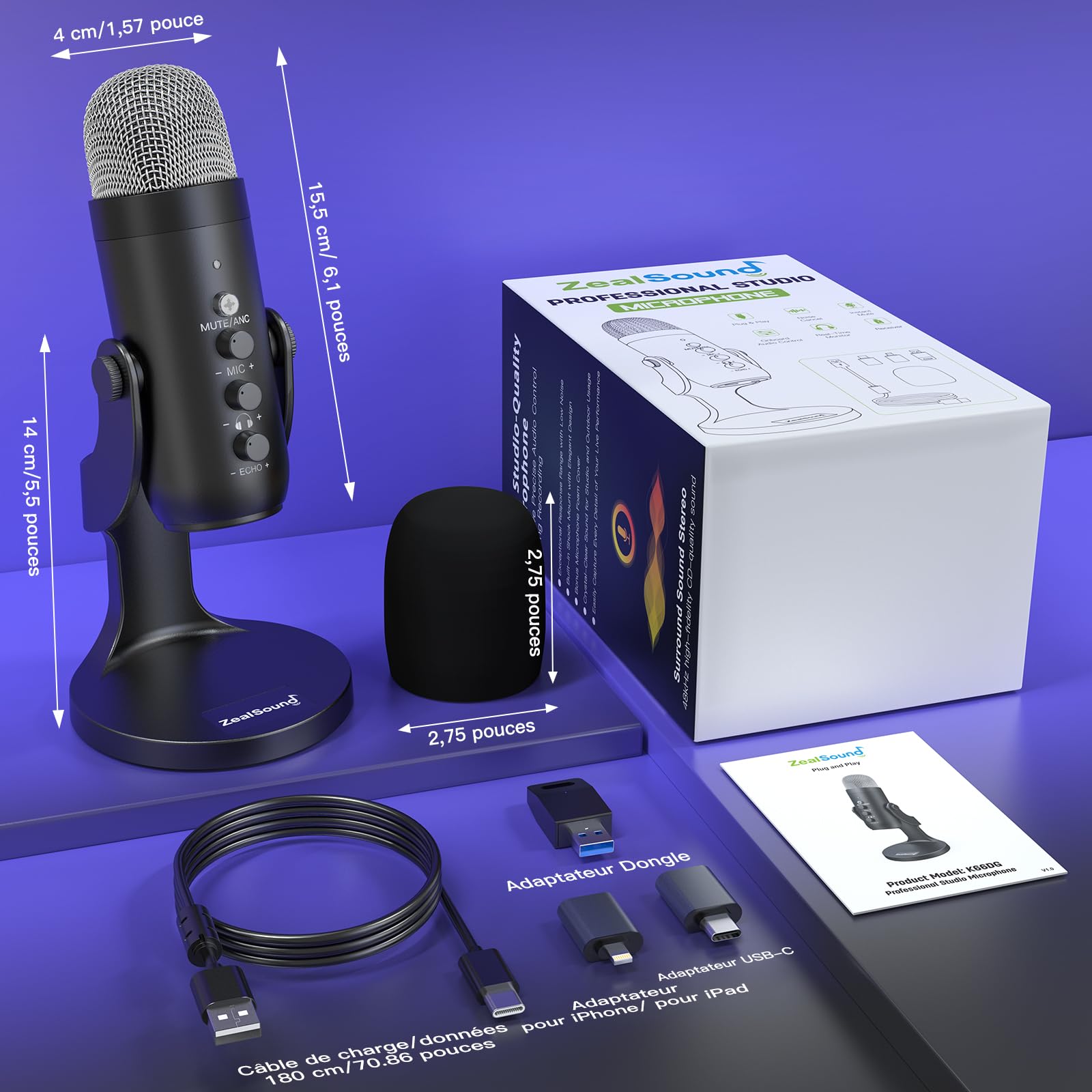 zealsound Micro Gaming sans File pour PC, Téléphone et iPhone, Micro à condensateur avec réduction de Bruit, Muet, Prise Moniteur, et Echo, pour Podcast, Enregistrement, Voice Over, Discord, Youtube