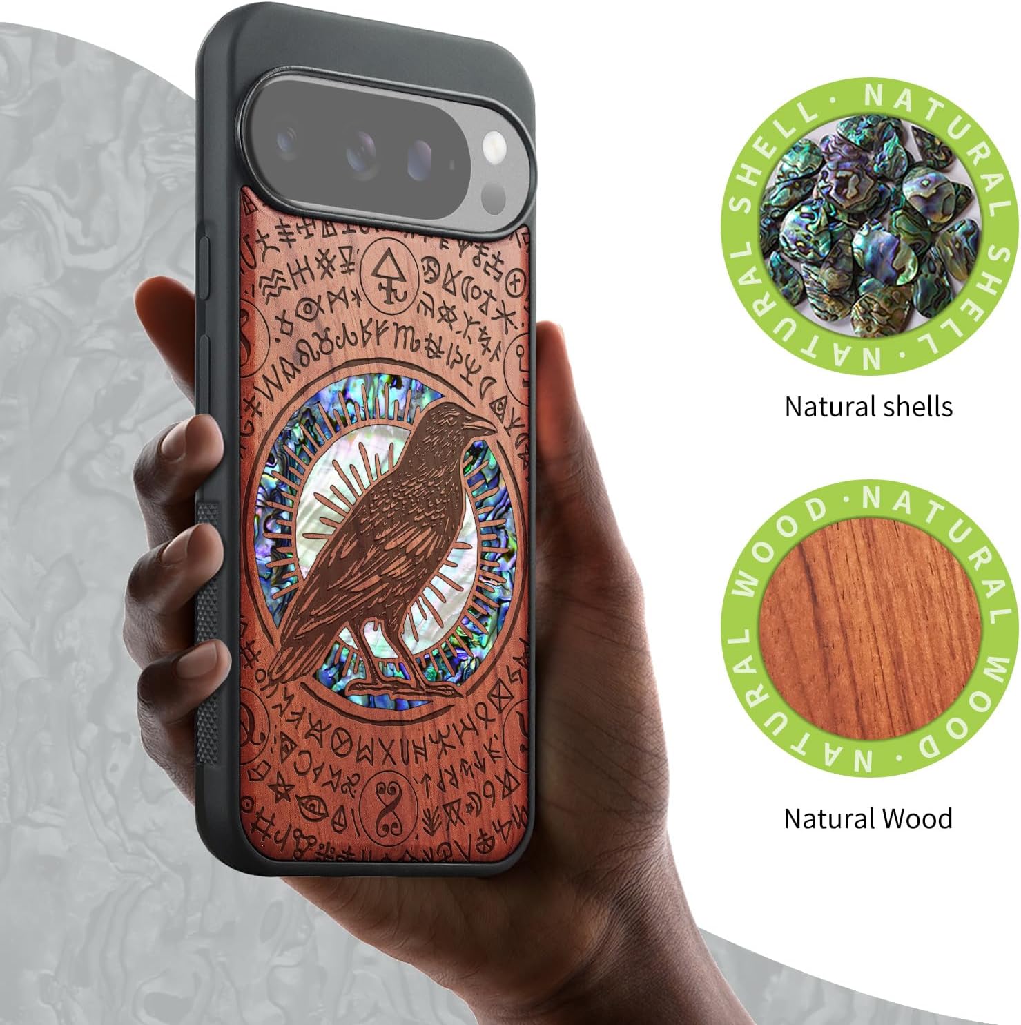 Carveit Magnetic Wooden Case for Google Pixel 10 Pro XL Case, Wood Artisan Engraved & Handmade Shell Inlaid, Compatible with MagSafe Wireless Chargers, Haloed Crow - Rosy