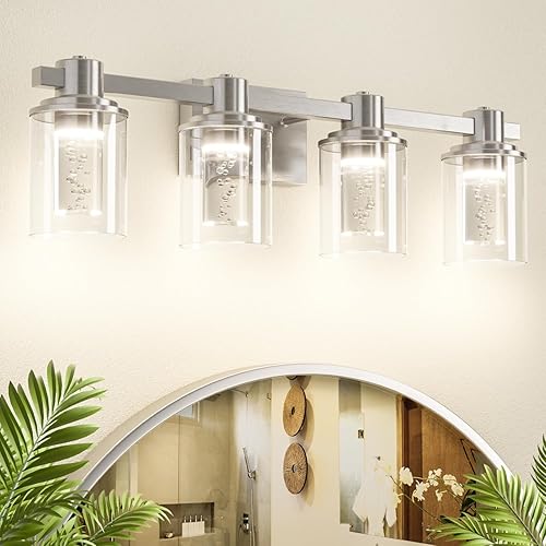 Quntis Lámpara de baño, lámpara de tocador de baño de 4 luces de níquel cepillado, accesorios de iluminación de baño sobre espejo con vidrio de