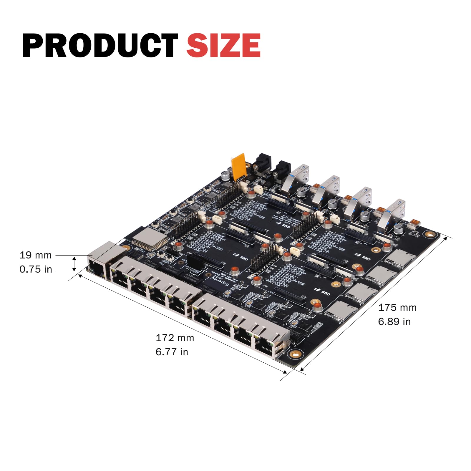 DeskPi Super4C para Raspberry Pi Compute Module 5, Cluster Mini-ITX Board Soporta 4 CM5, 2.5GbE + red 1GbE, M.2 NVMe, montaje en rack de 1U, incluye fuente de alimentación de 89 W