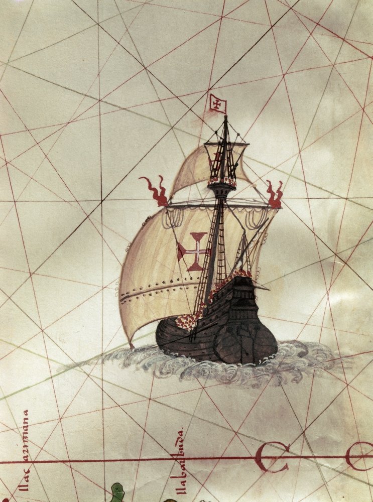 Spanish Caravel C1587 Na Spanish Caravel Flying The Red Cross Of Santiago Detail From The Atlas Portulano By Juan Martinez C1587 Poster Print by (24 x 36)