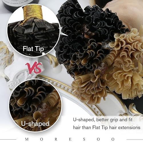 Miniatura 3 de Moresoo Extensiones de cabello humano con punta en U de 24 pulgadas, extensiones de cabello humano con queratina, color marrón oscuro con rubio