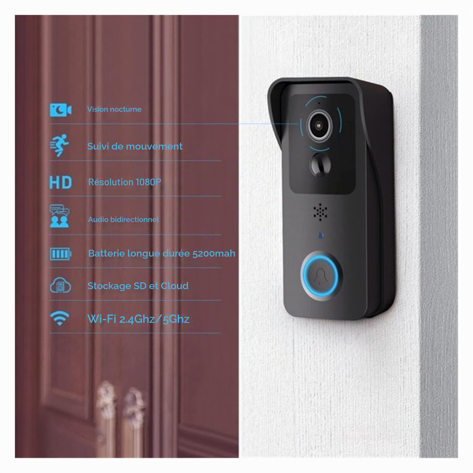 Sonnette vidéo Tuya Sonnette vidéo 5G/2.4GHz Double extérieur sans Fil Sonnette de Porte 1080P étanche IP54 Maison Intelligente interphone Porte téléphone caméra