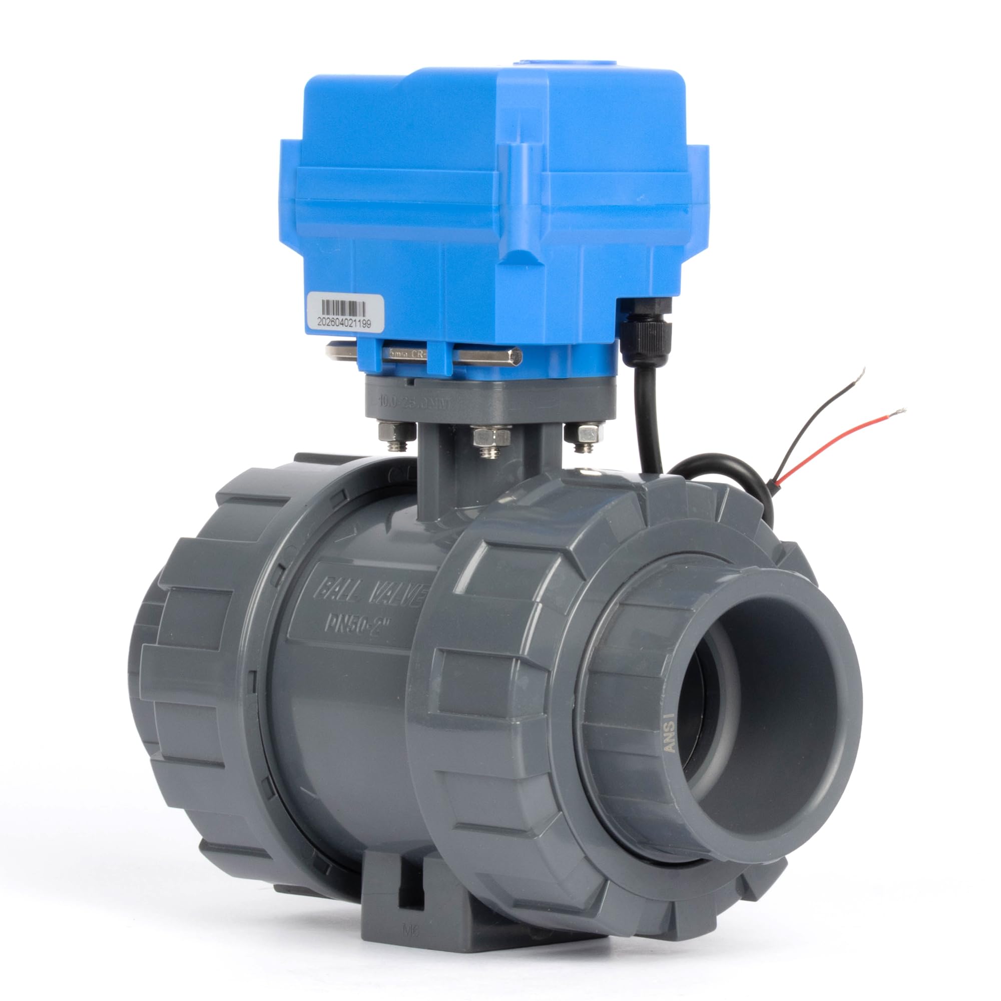 U.S. Solid Válvula de bola motorizada de 2 pulgadas, válvula de agua eléctrica de UPVC de 24 V CC, retorno automático de 2 cables (normalmente cerrada), con anulación manual, sello EPDM y doble unión