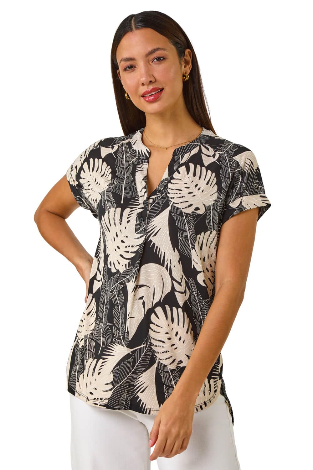 Roman V-Neck Stretch Top - Textured Leaf Print - Short Sleeves - Women's Size 10 - Stone
