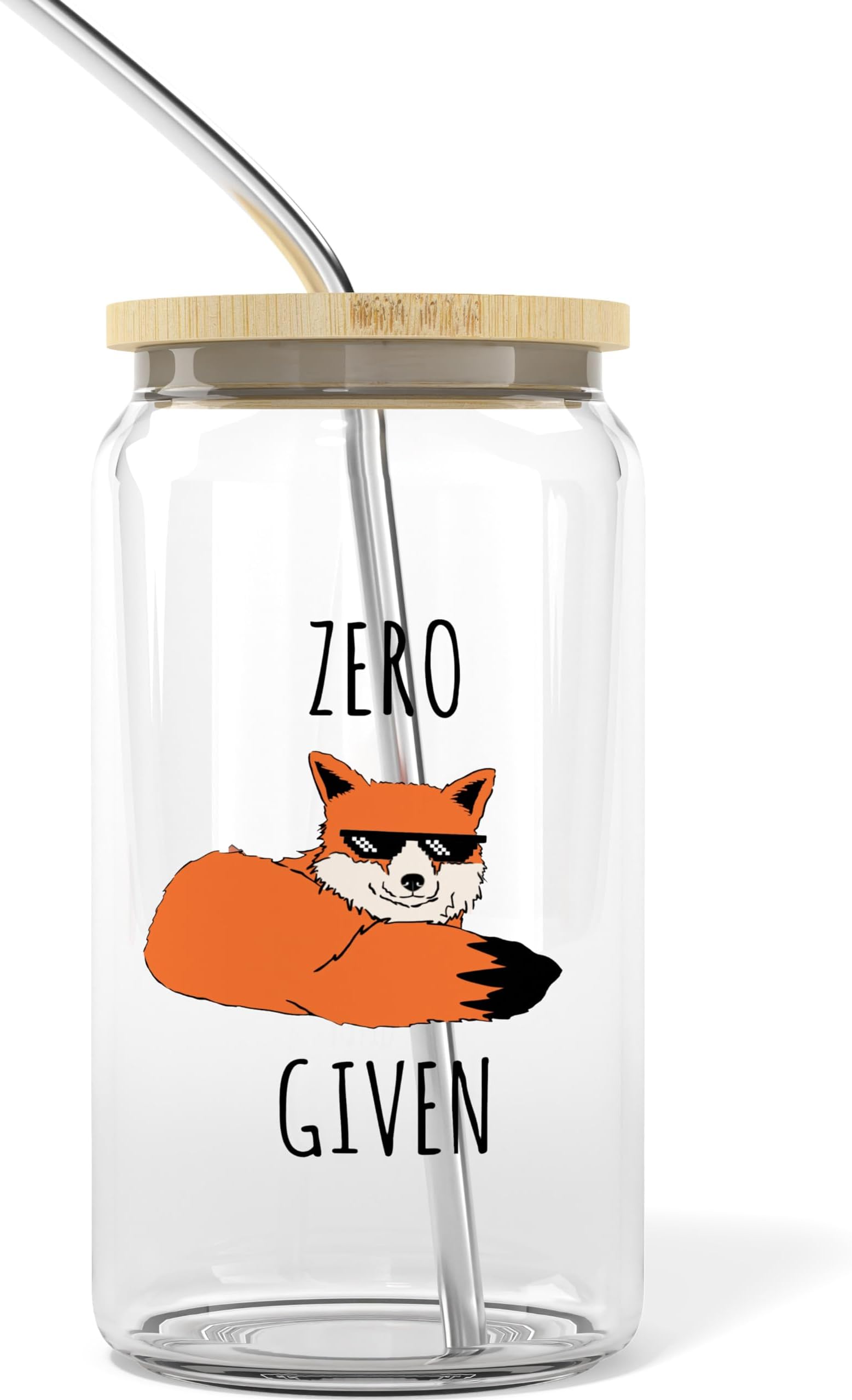 Funny Fox 16 oz Iced Coffee Cup with Bamboo Lids and Straws | Mason Jar Cups & Iced Coffee Tumbler with Lid and Straw | Drinking Glasses, Boba Cup | Beer Can Glass & Smoothie Cup - Zero Fox Given