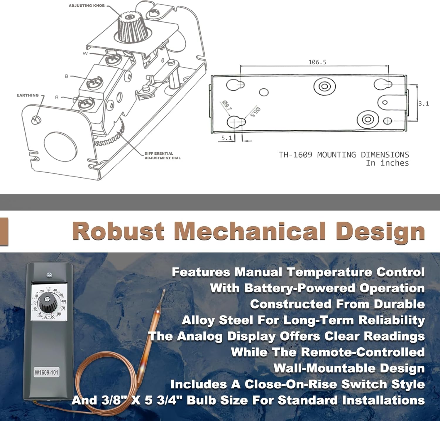 W1609-101 Refrigeration Thermostat Temperature Controller with Remote Bulb & 5 Ft Capillary – TH-1609 Model, Temperature Range: -30°F to 90°F (-34°C to 32°C)