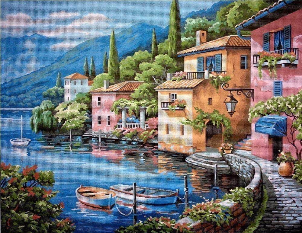 Kit tapisserie demi-point paysage de bord de mer 50x40cm avec fils de coton