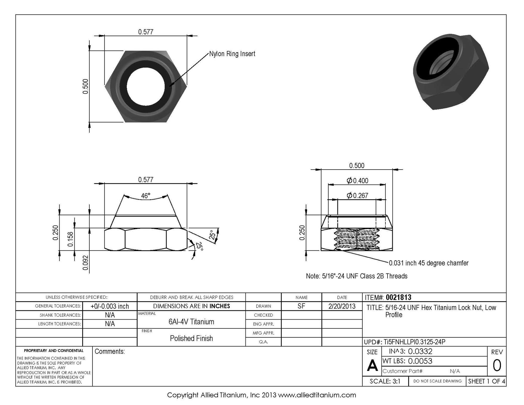 Allied Titanium 0021813, (Pack of 10) 5/16-24 UNF Titanium Hex Lock Nut, Low Profile, Grade 5 (Ti-6Al-4V)