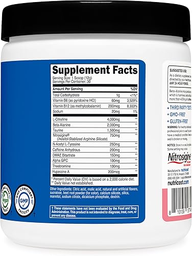 Vista 29 de Nutricost Polvo complejo pre-entrenamiento (30 porciones, frambuesa azul) - Suplemento pre-entrenamiento con beta-alanina, taurina y aminoácidos