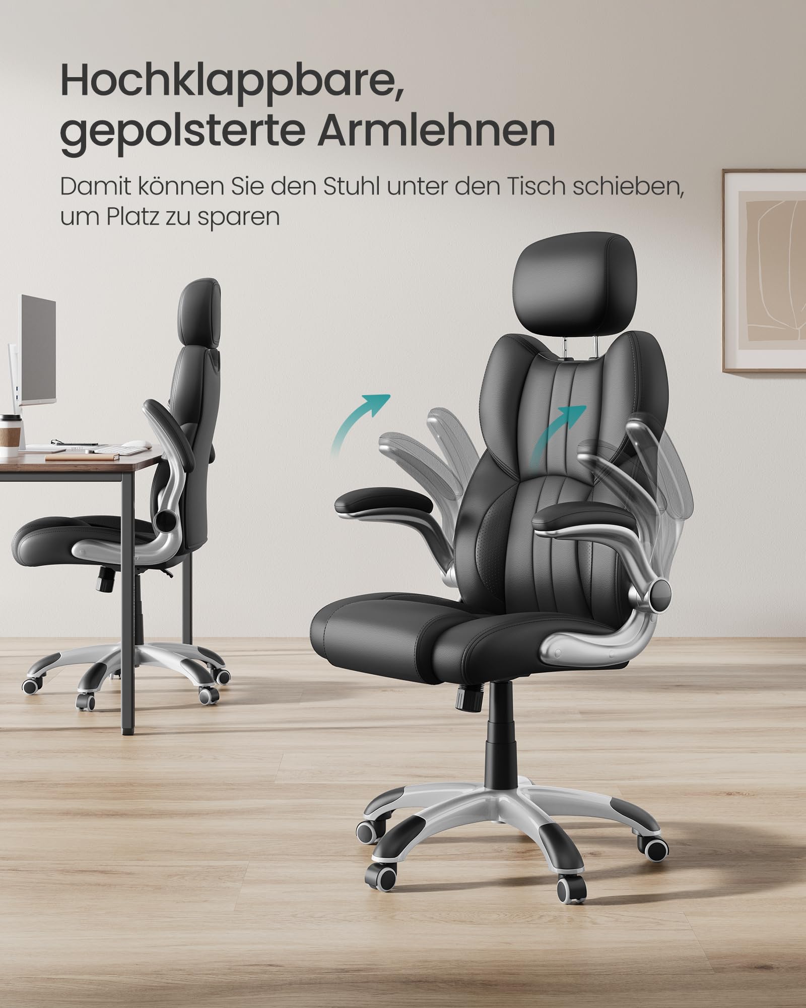 SONGMICS Bürostuhl, Gaming-Stuhl, verstellbare Kopfstütze, Wippfunktion, Schreibtischstuhl, verstellbare Armlehnen, Universalrollen, höhenverstellbar, tintenschwarz OBG65BK