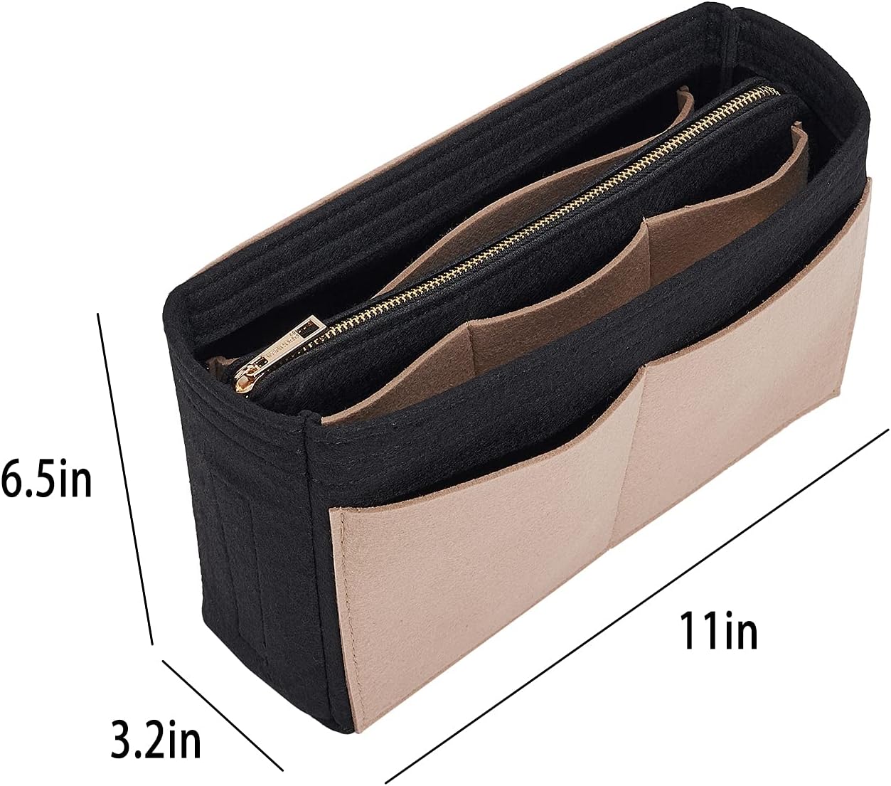 Vercord Felt Organizer Insert For Purse Handbag Tote Bag In Bag Inside Shaper Divider Neo Black & Beige Slender Medium image 4