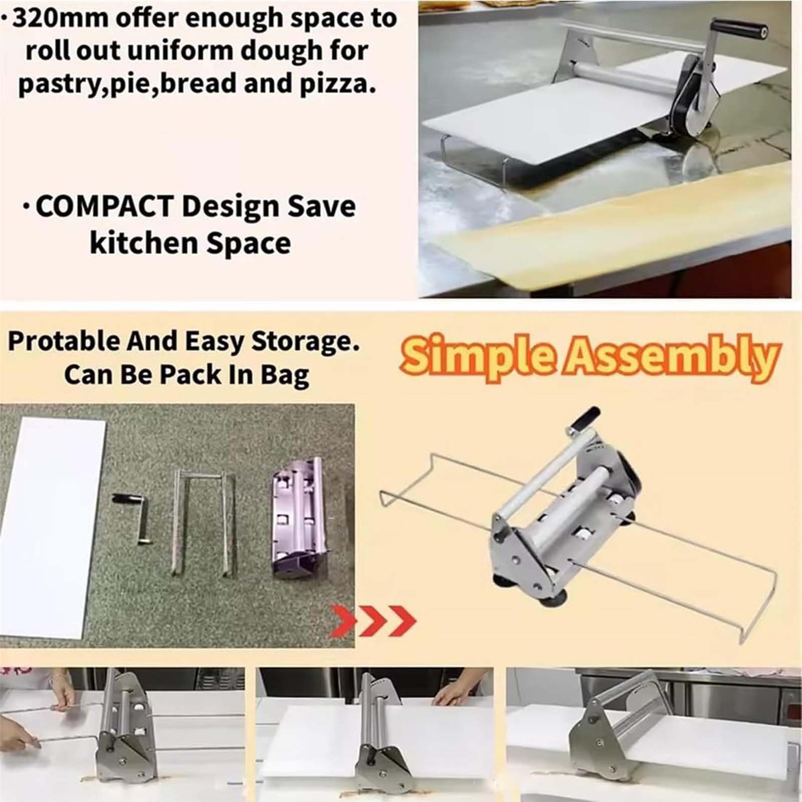 Máquina laminadora de masa manual, rodillo de repostería de acero inoxidable con grosor ajustable para panadería, pizza, croissant, 830 x 480 x 250 mm