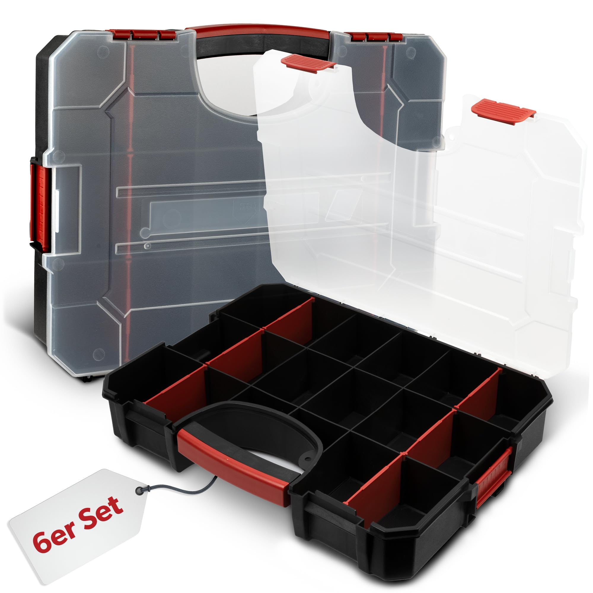 6 x Scatola di assortimento siwitec con 16 scomparti e 6 divisori regolabili, scatola di assortimento per minuteria, organizzatore di utensili, magazzino per minuteria, 38 x 29 x 6,5 cm