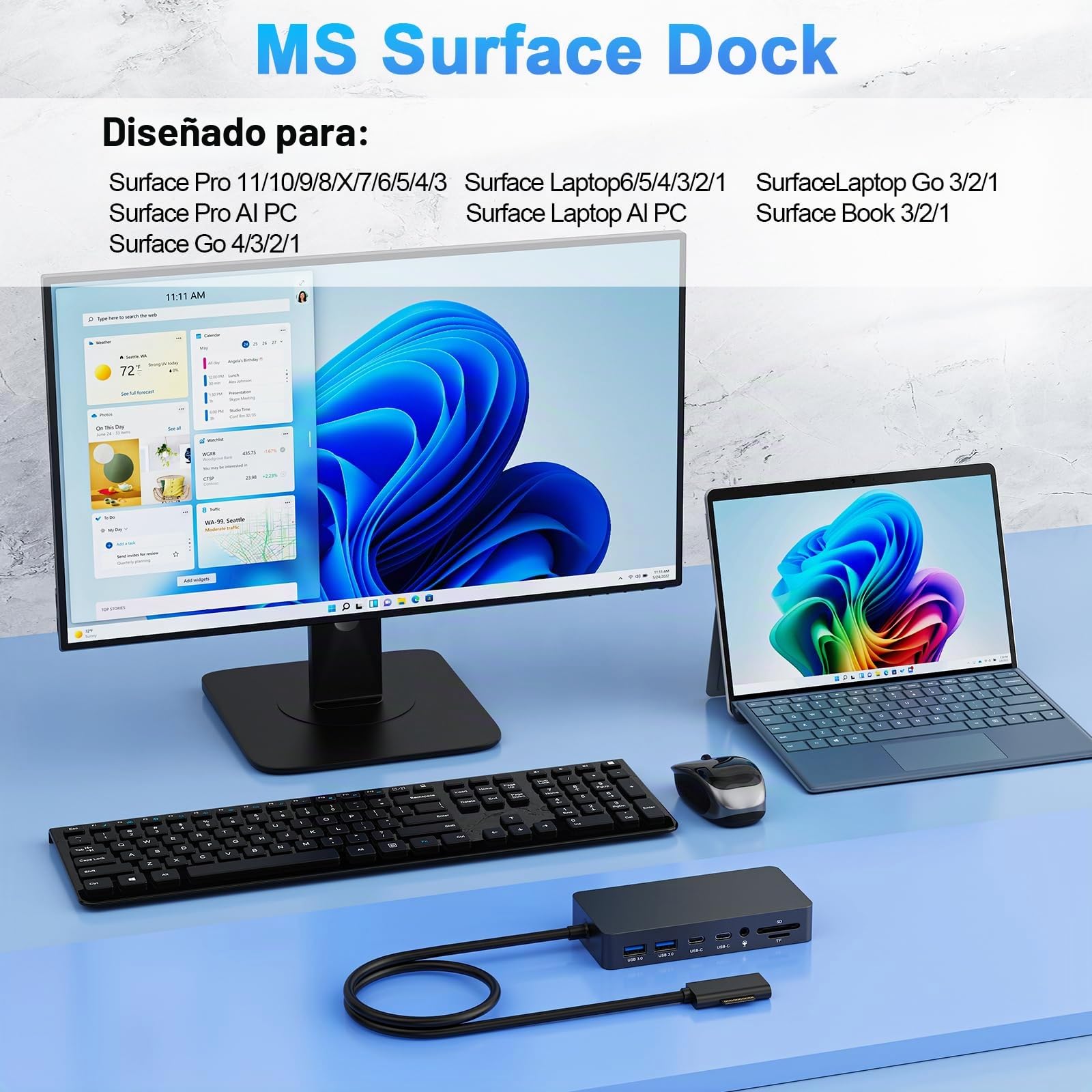 Surface Dock 2, Concentrador Surface 12-en-1,4K HDMI+DP+RJ45, Incluye Adaptador de Corriente 120W,Compatible Surface Pro 11/10/9/8/X/7+/7, Laptop 7/6/5/4/3, Laptop Studio 2/1, Go 4/3/2/1