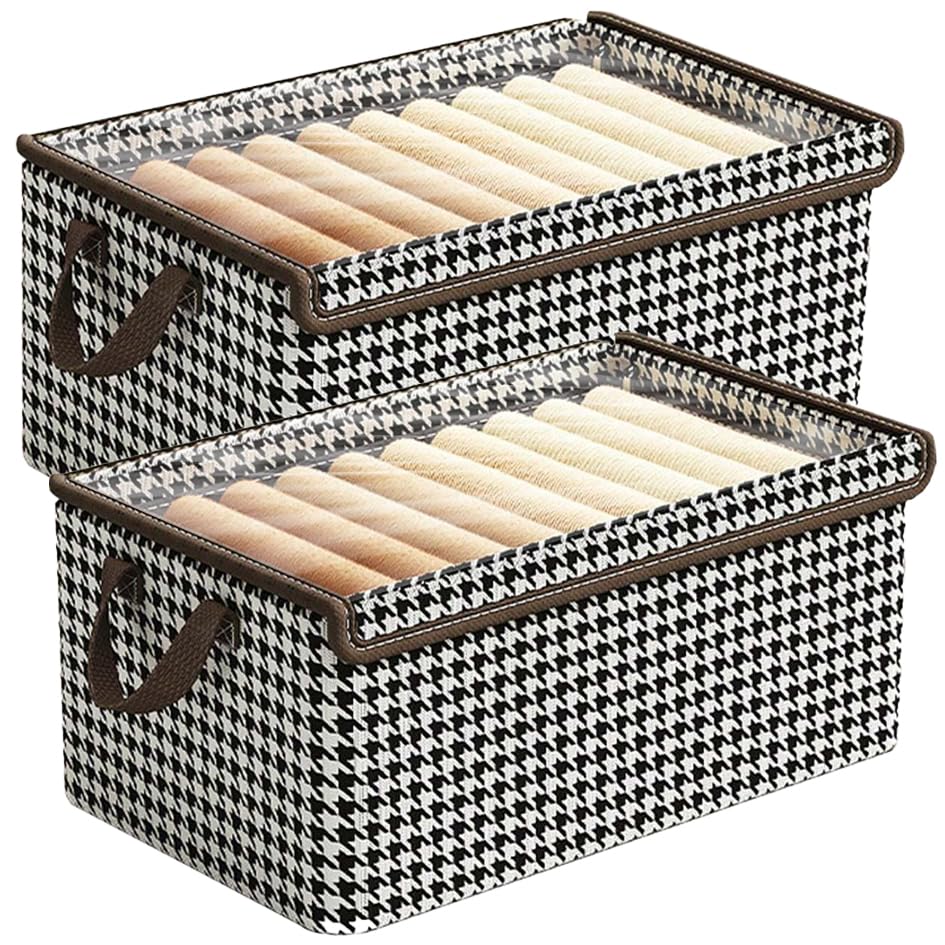 Image of PRIME PICK XXL Cloth Organizer Storage Box Foldable Washable Breathable Non Woven Fabric with Sturdy Metal Handles Clothes Organizer with Lid Black and White Pack of 2