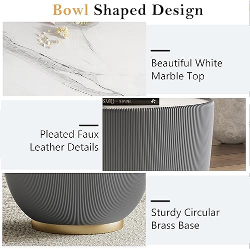 Miniatura 11 de Mesa auxiliar redonda moderna, mesa auxiliar de sofá de mármol sintético con base cubierta de cuero sintético en forma de cuenco, mesa auxiliar