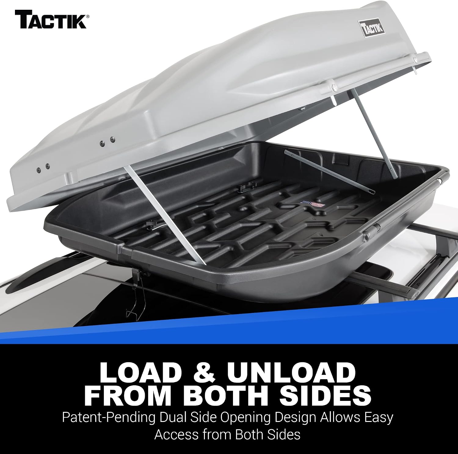 TACTIK Rooftop Cargo Carrier Box, X-Large - Made in USA - Patent-Pending Access from Both Sides - Fits Jeeps, Cars, SUVs & Minivans - Car Roof Hard Shell Cargo Carrier - 57" x 38.5" x 17.75"