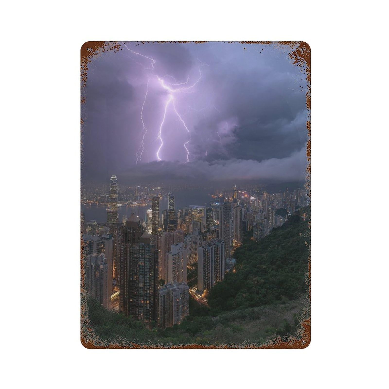 Rusty Metal Tin Sign with City Lights Vs. Stormy Skies Design 15.7"x11.8", for Shed, Workshop And Garage Wall Decor, Classic Wall Plaque