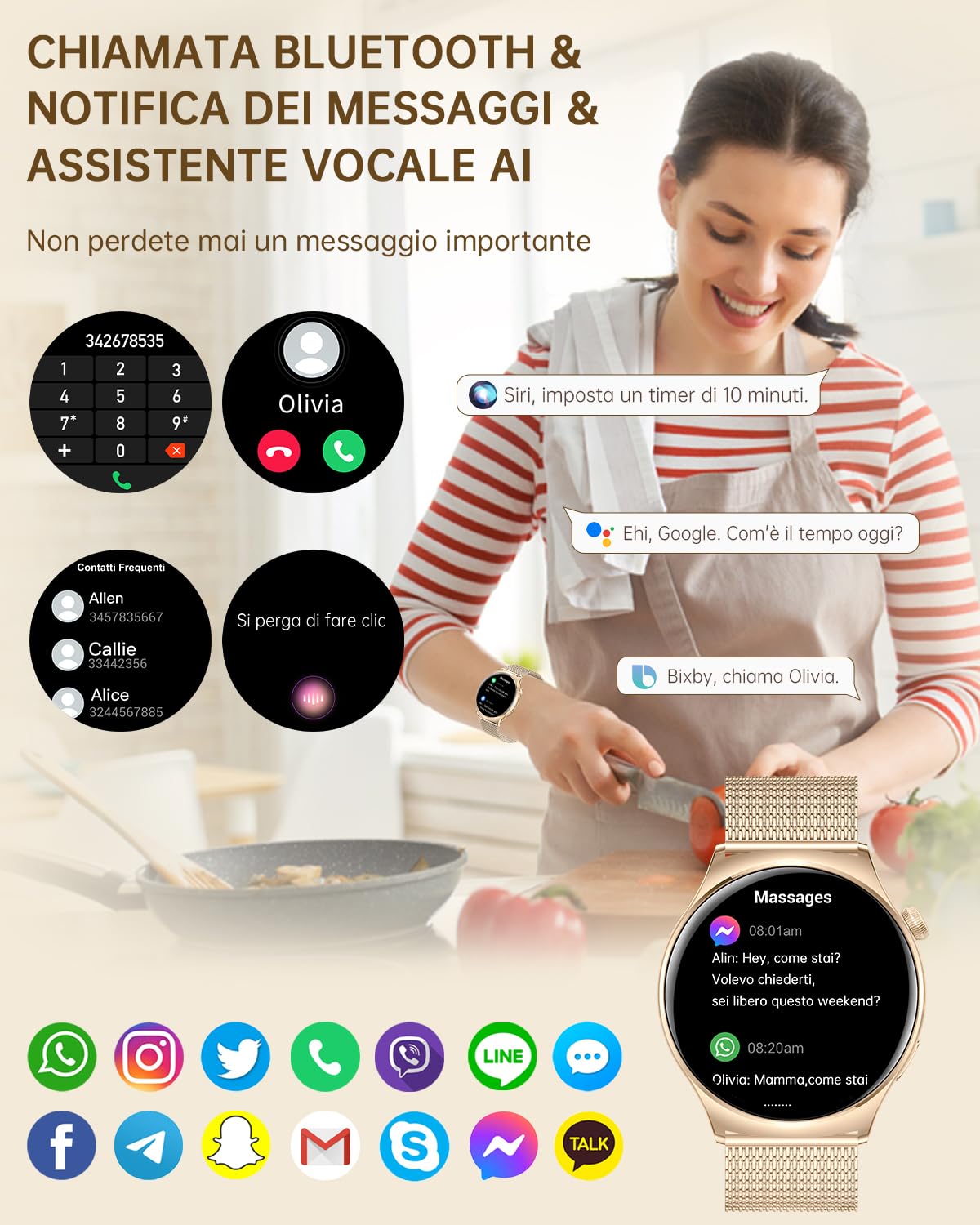 Smartwatch Donna con Chiamate 3 Cinturini Orologio Donna 1,43" AMOLED Schermo Smart Watch Android iOS Contapassi Frequenza Cardiaca Sonno SpO2 100+ Sportivo Assistente Vocale