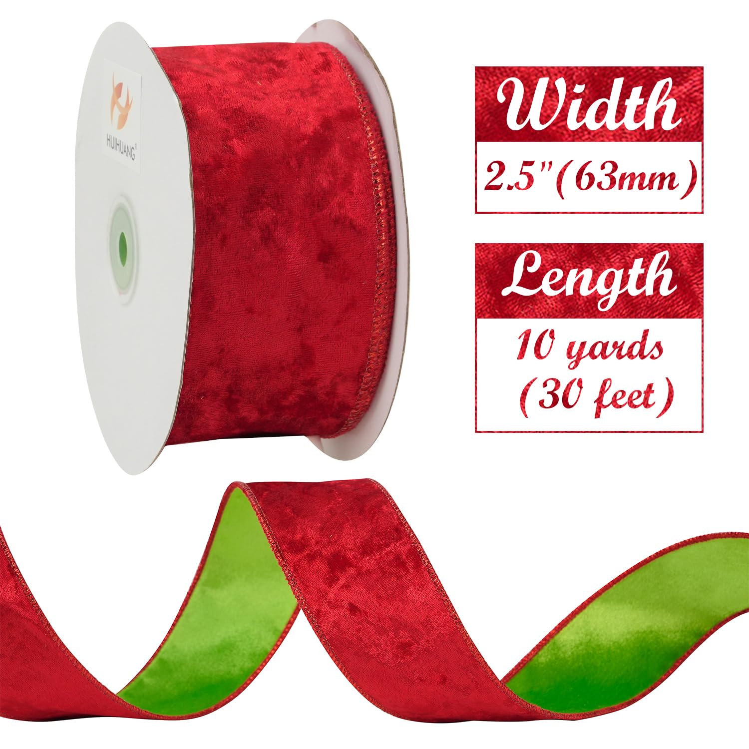 HUIHUANG Cinta de terciopelo verde lima y rojo con alambre de 2.5 pulgadas, cinta de Navidad de dos tonos lima y rojo, cinta de terciopelo de doble cara para árboles, guirnaldas, coronas, envoltura de