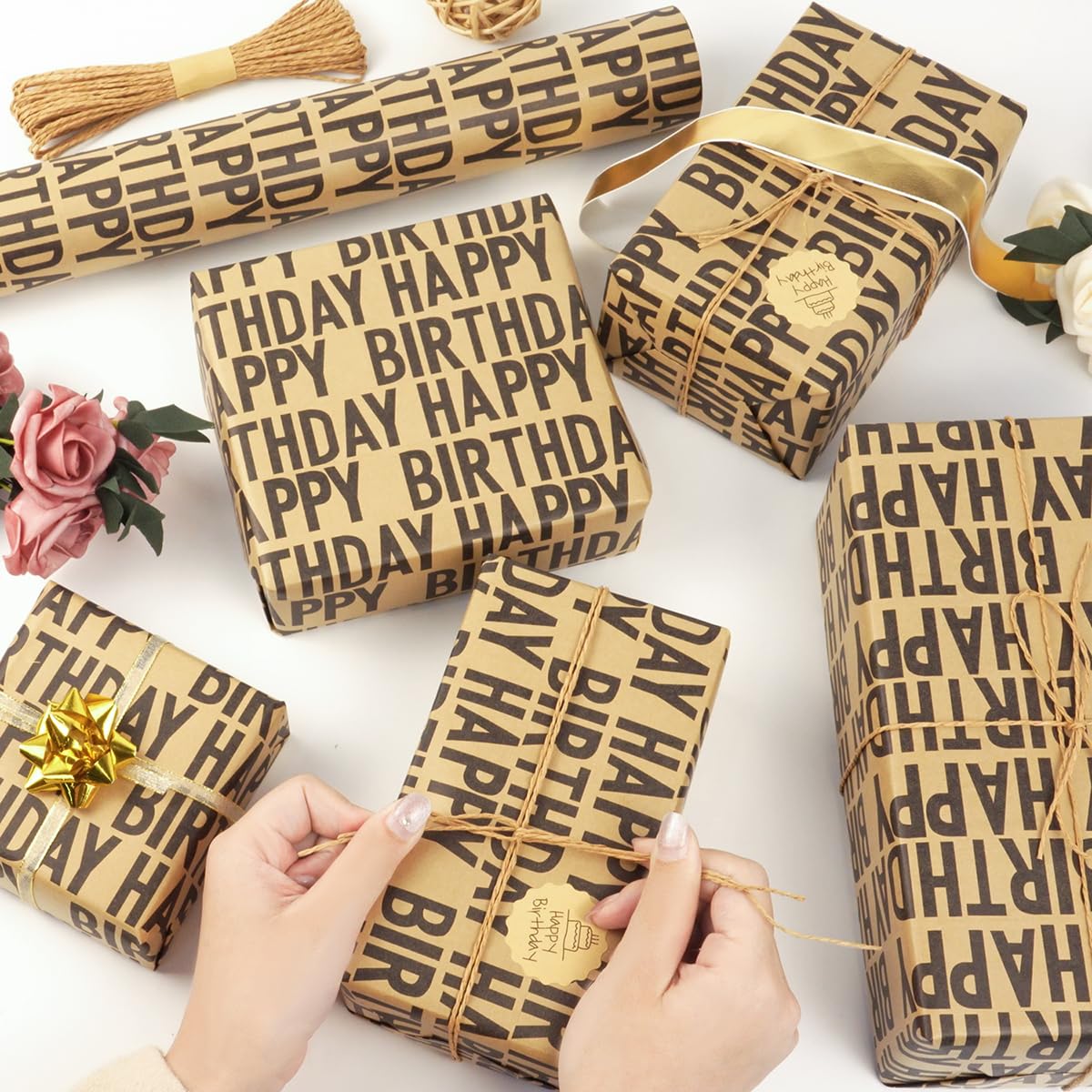Rotolo Carta Regalo Compleanno Verde - 43x300 Cm, Kraft Marrone Con Scritta Happy Birthday - Per Ragazzi, Ragazze, Uomini E Donne - 5
