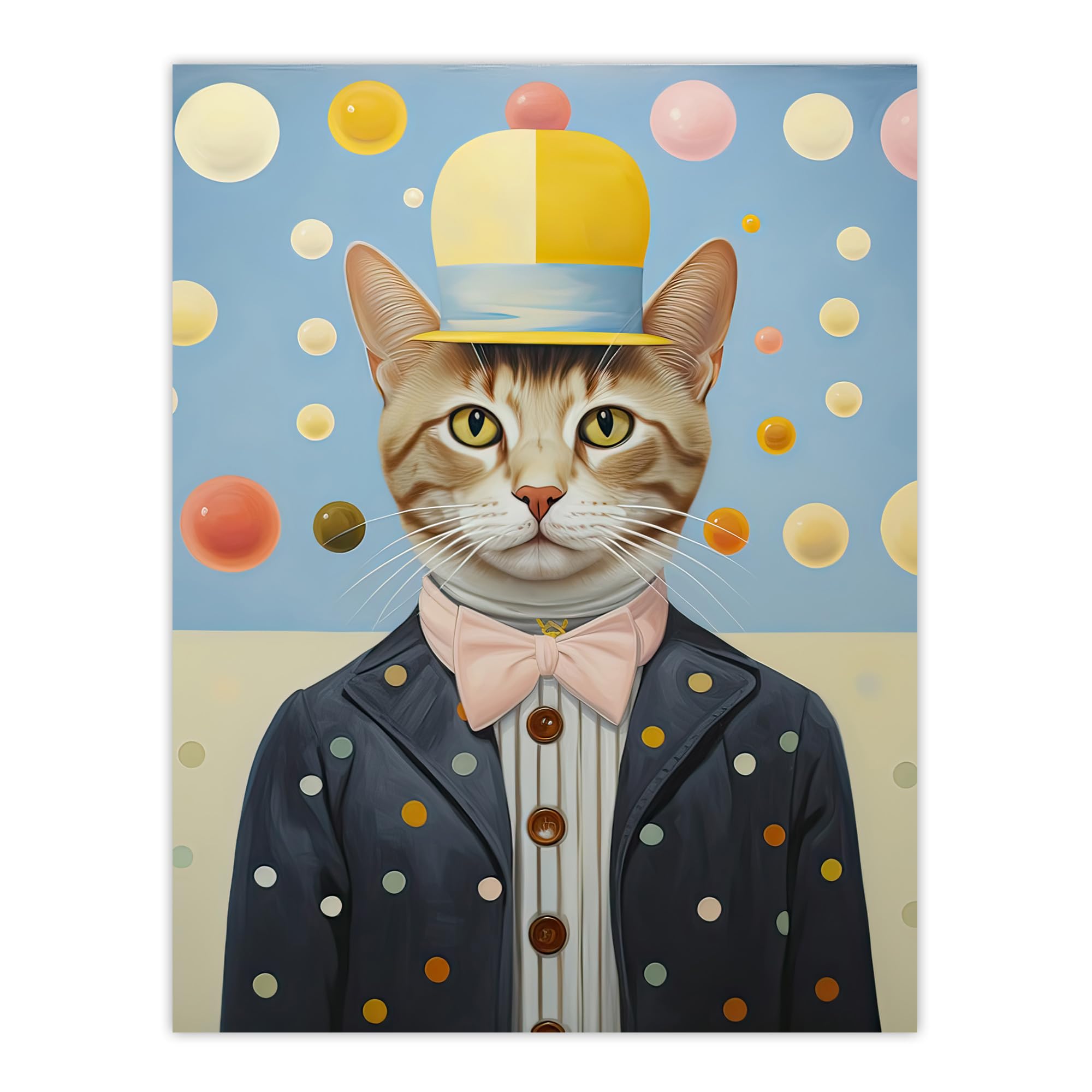 Artery8 Polka Dot Cat Surreal Oil Painting Quirky Pet Portrait with Hat and Bow Tie Kids Bedroom Artwork Large Wall Art Poster Print Thick Paper 18X24 Inch