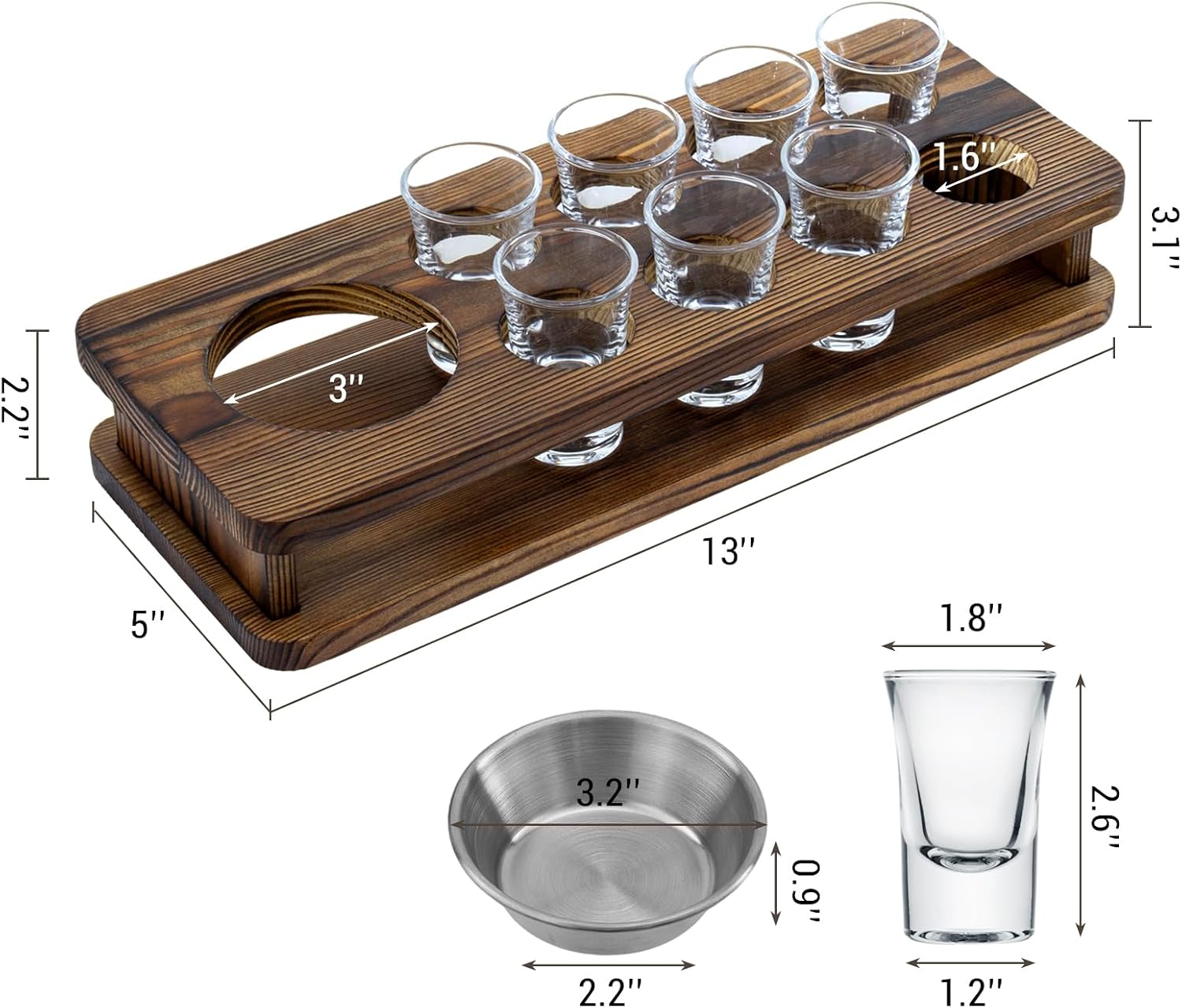 MyGift 10 Piece Shot Glass Serving Set with 8 Shot Glasses, Solid Wood Display Tray & Stainless Steel Lime Ramekin – Rustic Barware Set for Parties & Entertaining