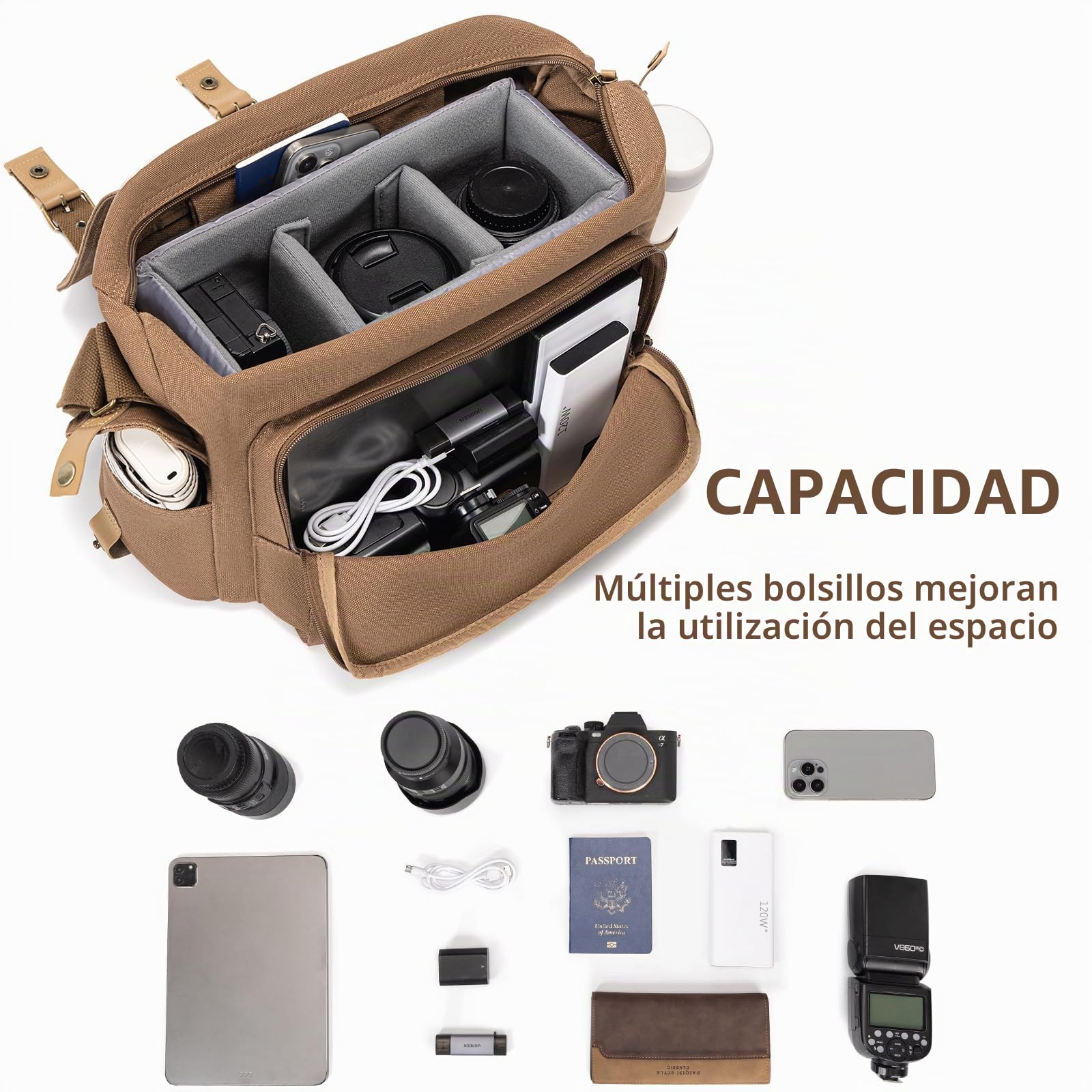 Luakug - Bolsa para cámara réflex, Bolsa de Hombro para cámara con Material Impermeable y Acolchado Desmontable, Compatible con cámaras réflex Canon Nikon Sony (marrón)
