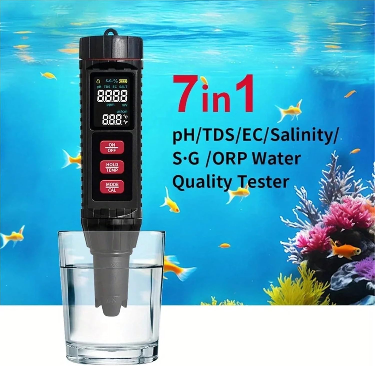 1pc 7-in-1 Water Quality Tester TDS/EC/SAL/S.G/Temp/PH/ORP/SG for Laboratory, Swimming Pools, Aquariums, Drinking Water Testing