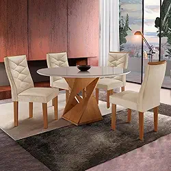 Conjunto Sala de Jantar Mesa Tampo Redondo Plus Vidro 100cm com 4 Cadeiras Barcelona Cel Móveis Cinamomo/off White/suede Pena