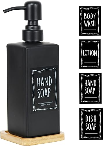 Juego de dispensador de jabón moderno de 16 onzas con bandeja de bambú y bomba de acero inoxidable y cuatro etiquetas impermeables. Botella de jabón