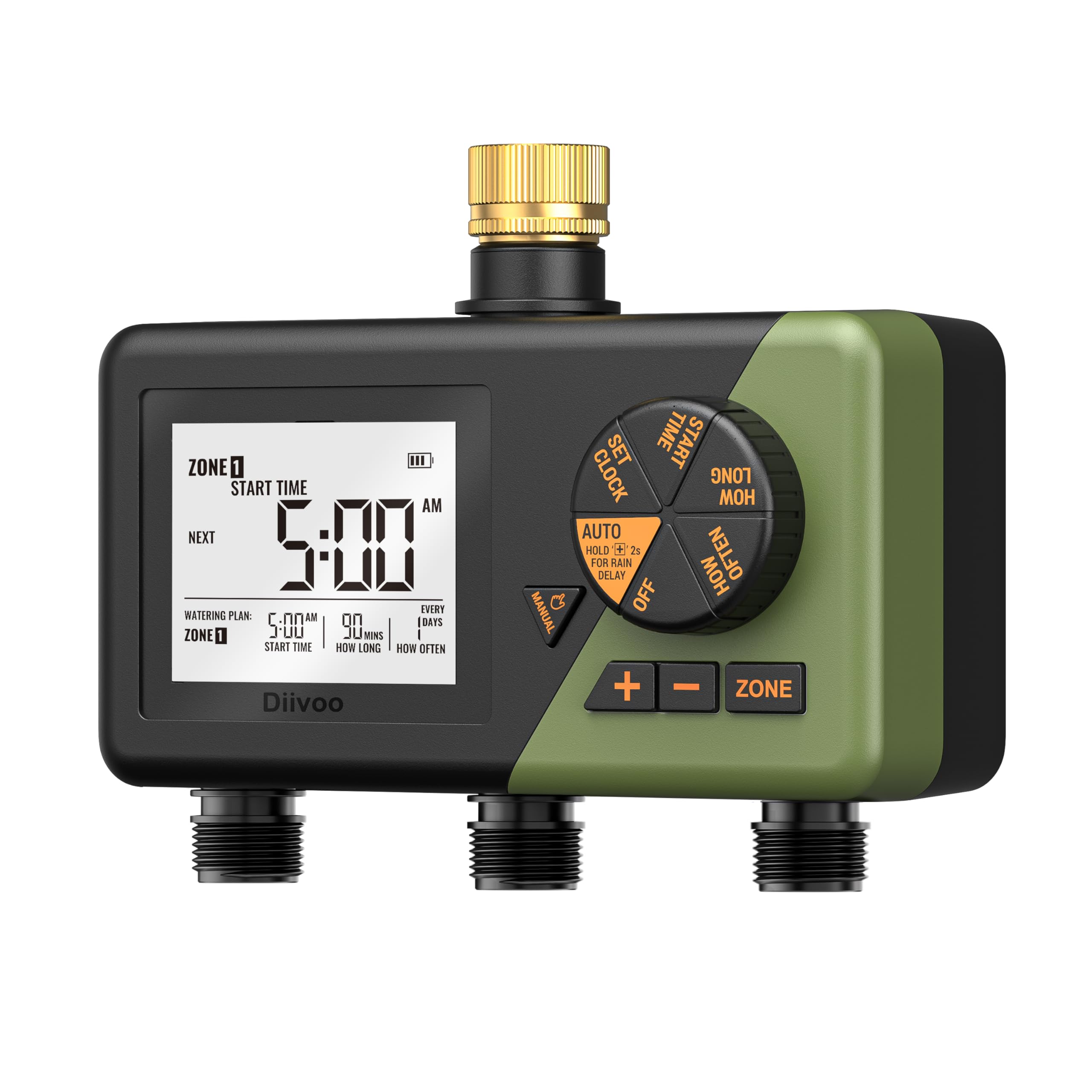 Diivoo Ottone Centralina Irrigazione 3 Vie per Giardino, Prato, Cortile | Ampio Display LCD, Ritardo Pioggia, Irrigazione Manuale