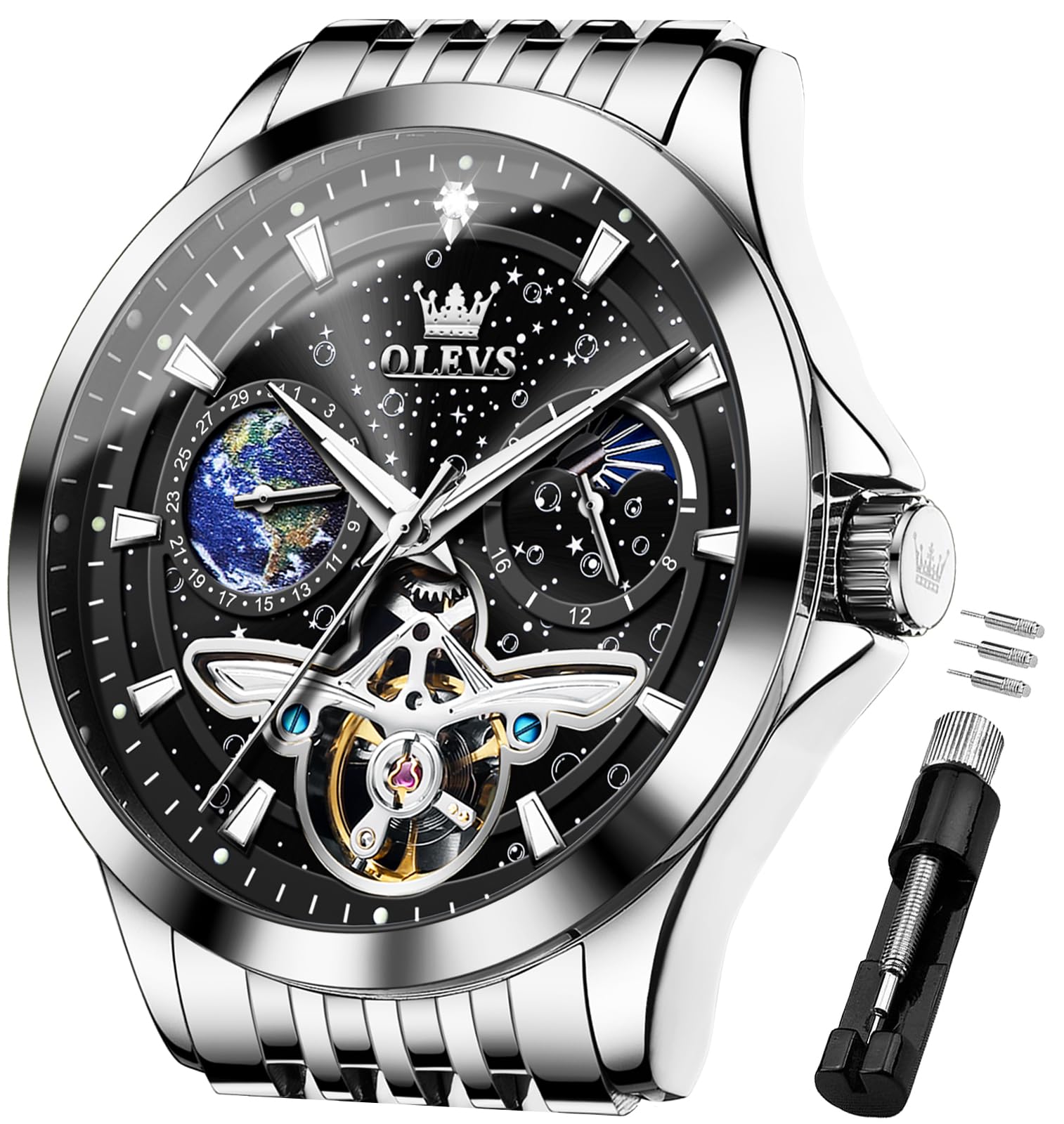 OLEVS Men's Golden Automatic Mechanical Watch Stainless Steel Bezel Luminous Waterproof Luxury Watches
