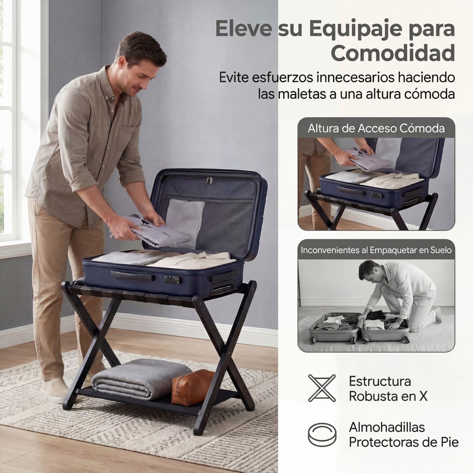 GYMAX Portaequipajes Plegable, Soporte para Maletas de Madera de Caucho Maciza con 2 Niveles de Almacenamiento, Estantes de Nailon, para Habitación de Invitados, Dormitorio, 67 x 46 x 52 cm (Negro)