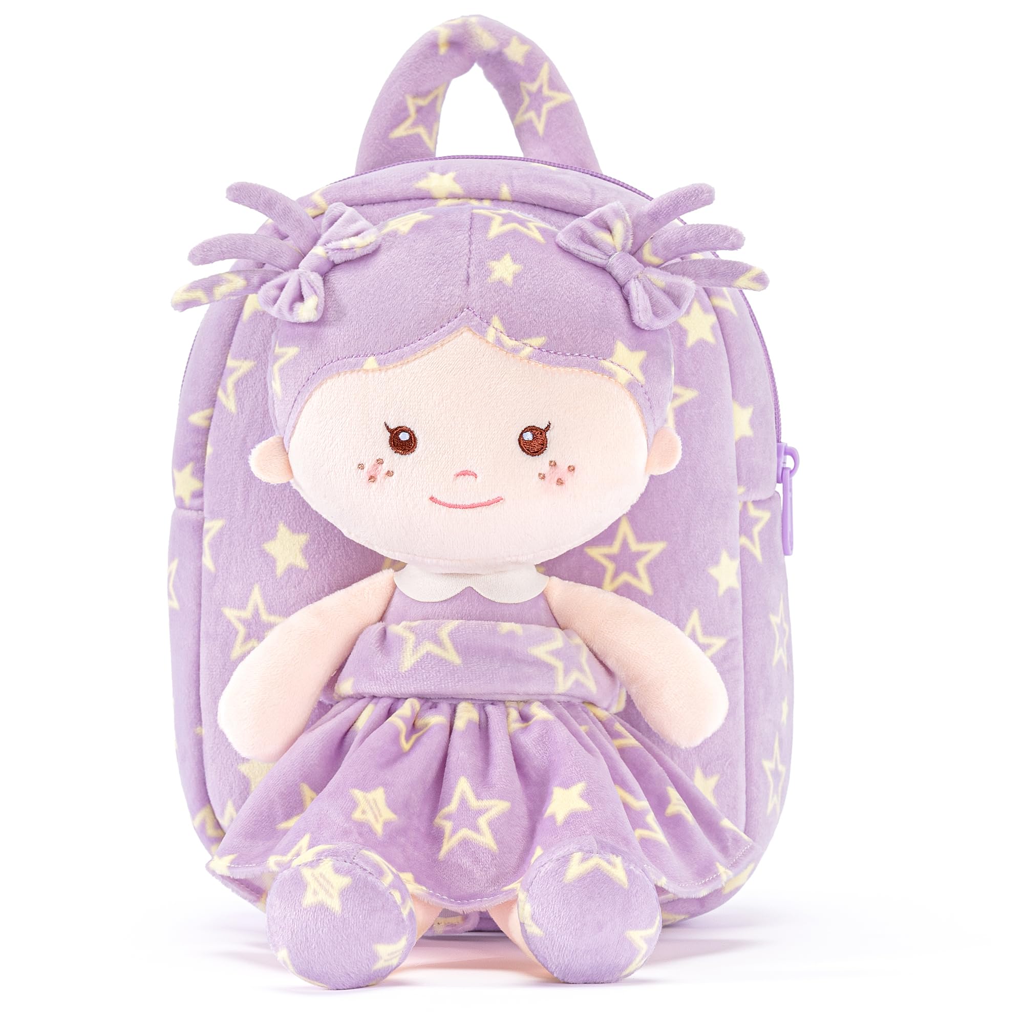 Onetoo Toddler Backpacks Back to School Gifts for Girls Kids Backpack with Soft Tanned Baby Dolls in Purple Star Dress 9"