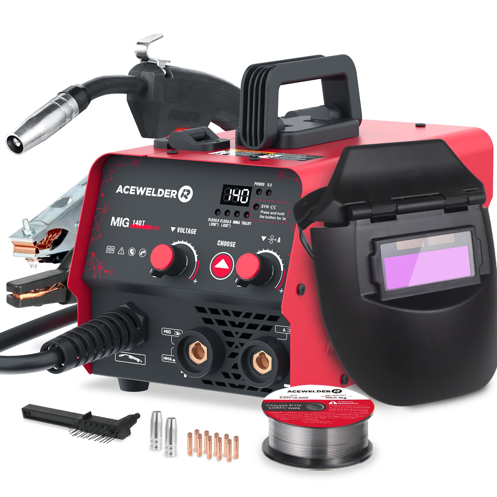 140A Flux Core MIG Welder,3 in 1 Gasless MIG Stick Lift TIG With Helmet
