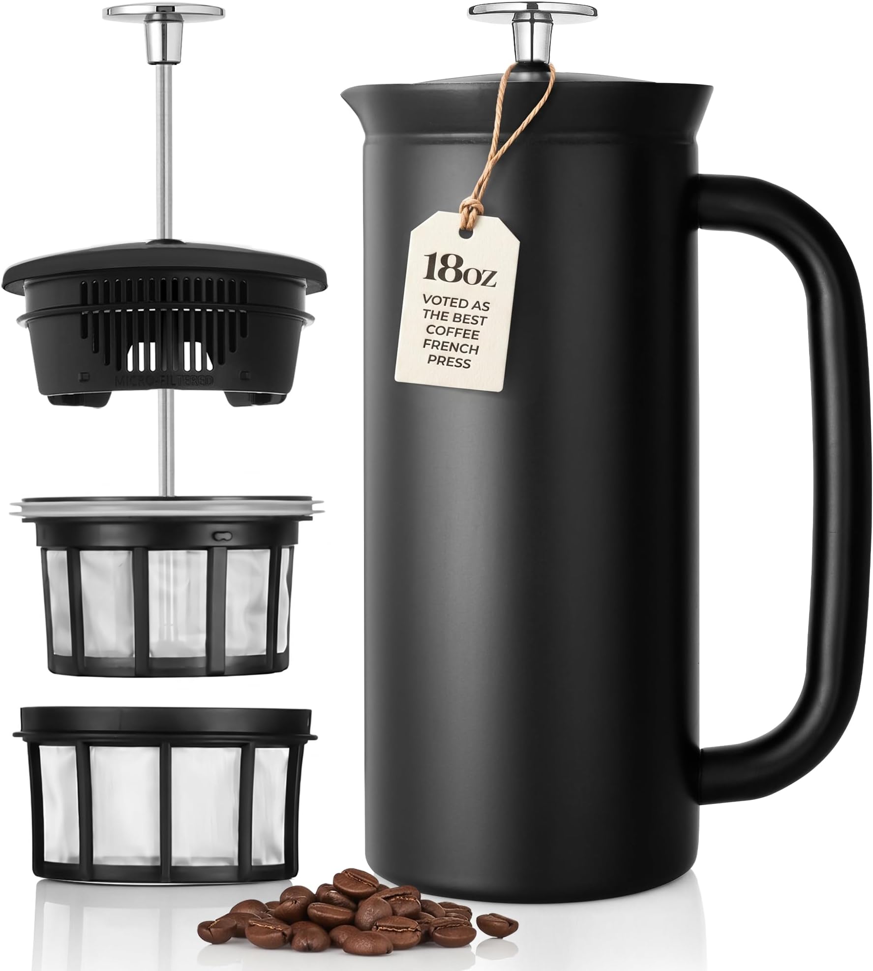 P7 Stainless Steel Cafetiere French Press Insulated, 532ml, Black